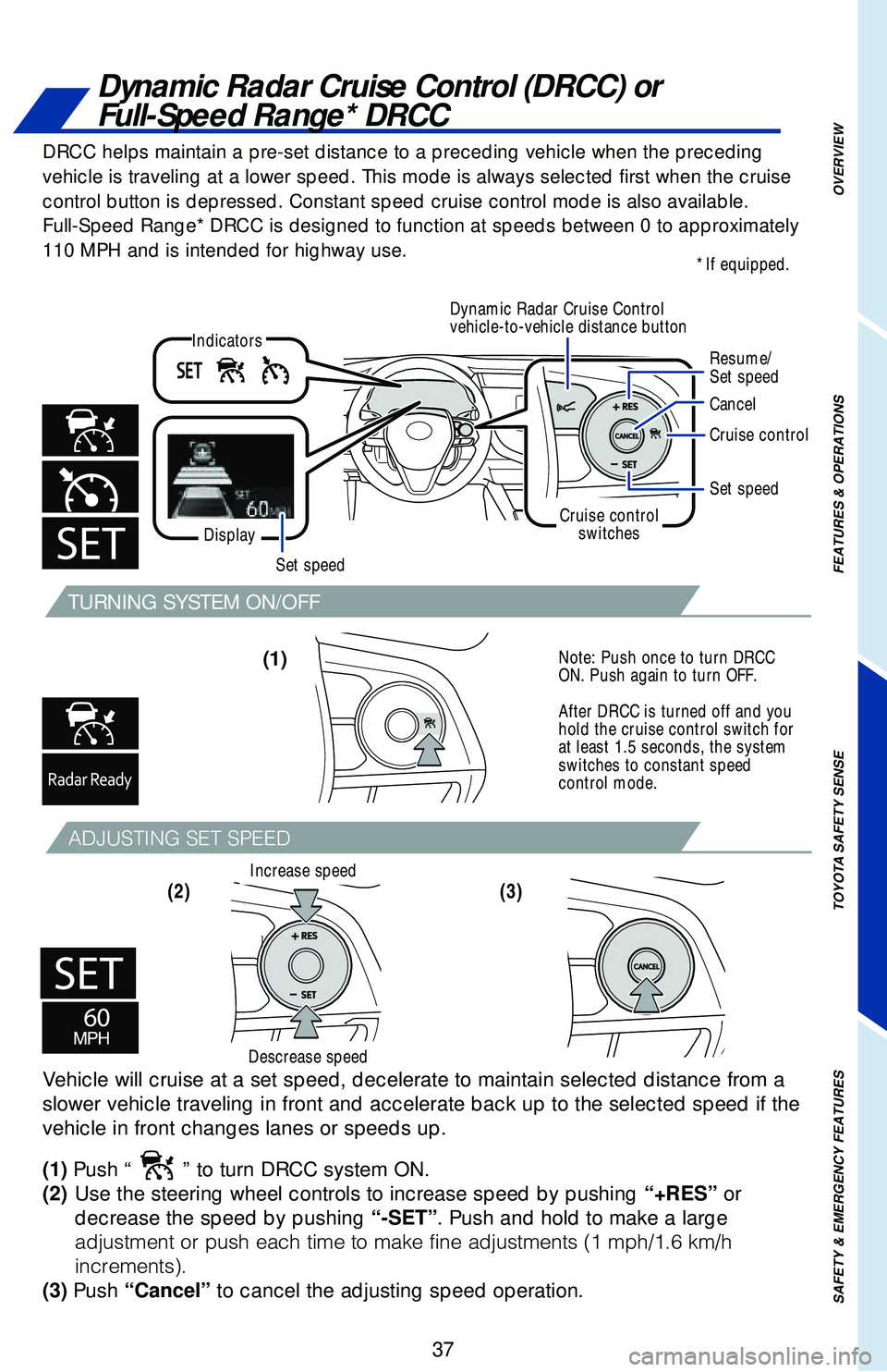 TOYOTA CAMRY 2018   (in English) Owners Guide 37
OVERVIEW
FEATURES & OPERATIONS
TOYOTA SAFETY SENSE
SAFETY & EMERGENCY FEATURES
TURNING SYSTEM ON/OFF
�"�%�+�6�4�5�*�/�(��4�&�5��4�1�&�&�%
Vehicle will cruise at a set speed, decelerate to maintai