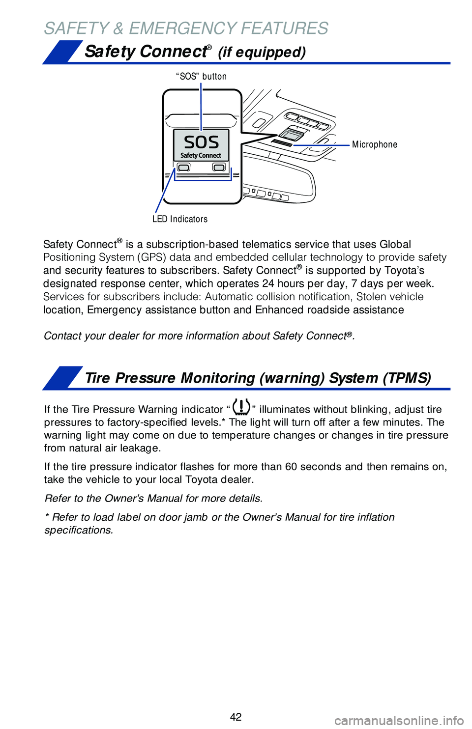 TOYOTA CAMRY 2018  Owners Manual (in English) 42
SAFETY & EMERGENCY FEATURESSafety Connect
® (if equipped)
Tire Pressure Monitoring (warning) System (TPMS)
Safety Connect® is a subscription-based telematics service that uses Global 
�1�P�T�J�U�