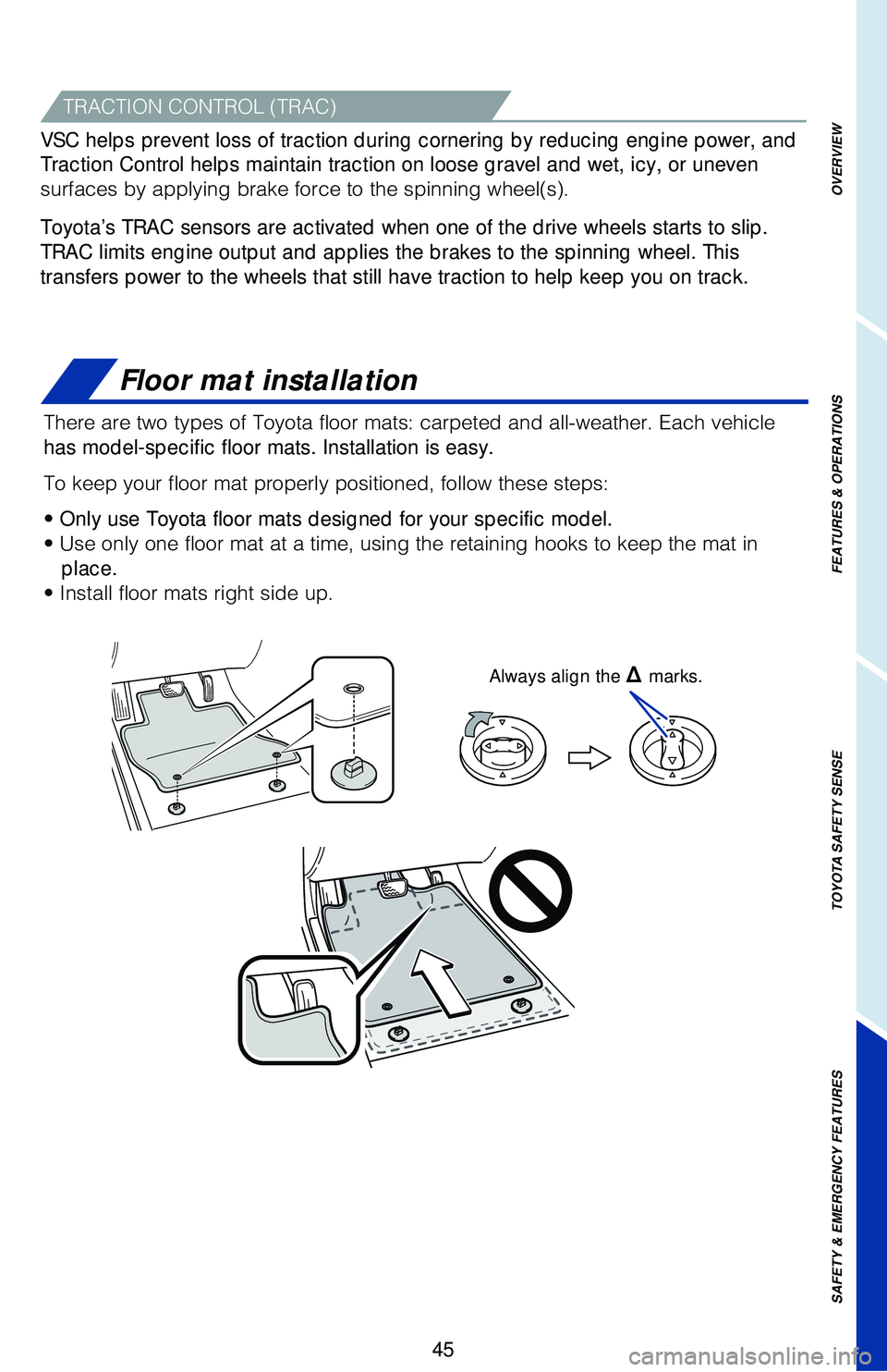 TOYOTA CAMRY 2018   (in English) Service Manual OVERVIEW
FEATURES & OPERATIONS
TOYOTA SAFETY SENSE
SAFETY & EMERGENCY FEATURES
45
Floor mat installation
�5�I�F�S�F��B�S�F��U�X�P��U�Z�Q�F�T��P�G��5�P�Z�P�U�B��G�M�P�P�S��N�B�U�T���D�B�S�Q�F�
