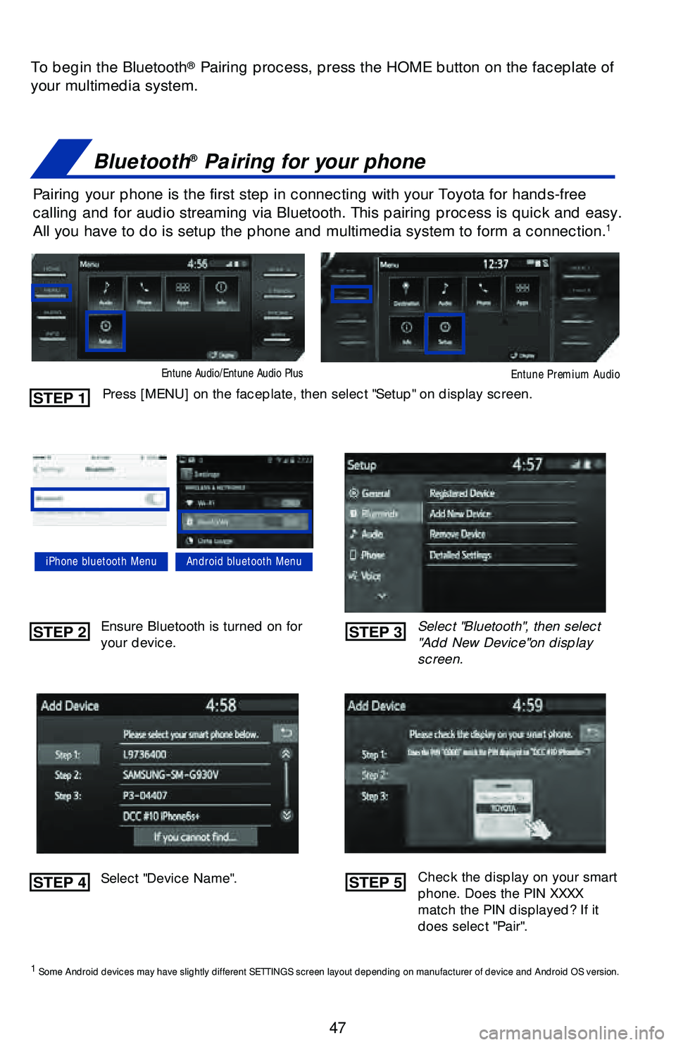 TOYOTA CAMRY 2018   (in English) Service Manual 47
To begin the Bluetooth® Pairing process, press the HOME button on the faceplate of 
your multimedia system.
Bluetooth® Pairing for your phone
Pairing your phone is the first step in connecting wi