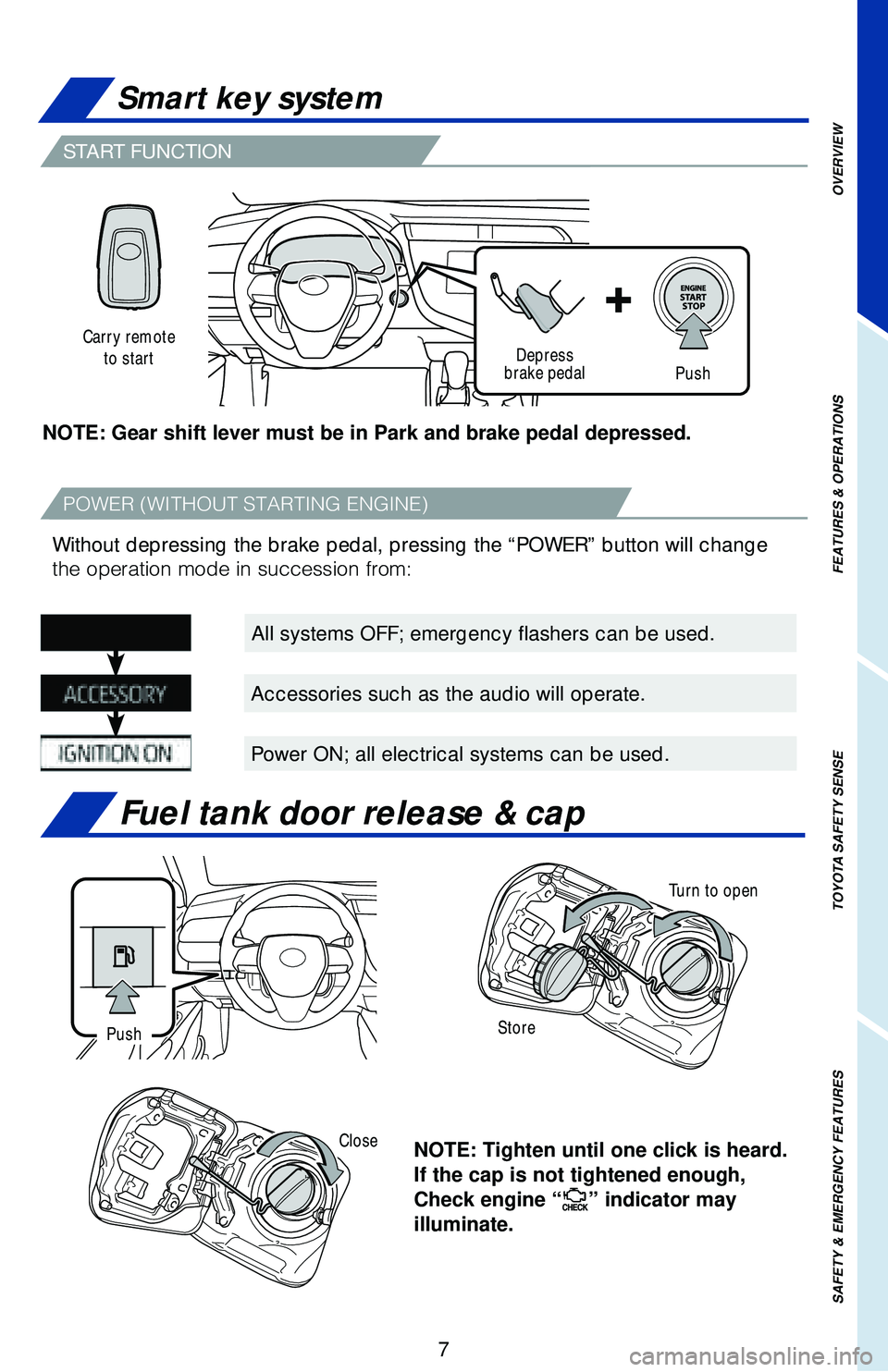 TOYOTA CAMRY 2018 Owners Manual (in English) OVERVIEW
FEATURES & OPERATIONS
TOYOTA SAFETY SENSE
SAFETY & EMERGENCY FEATURES
7
START FUNCTION
Fuel tank door release & cap
Smart key system
NOTE: Tighten until one click is heard.
If the cap is not TOYOTA CAMRY 2018 Owners Manual (in English) OVERVIEW
FEATURES & OPERATIONS
TOYOTA SAFETY SENSE
SAFETY & EMERGENCY FEATURES
7
START FUNCTION
Fuel tank door release & cap
Smart key system
NOTE: Tighten until one click is heard.
If the cap is not