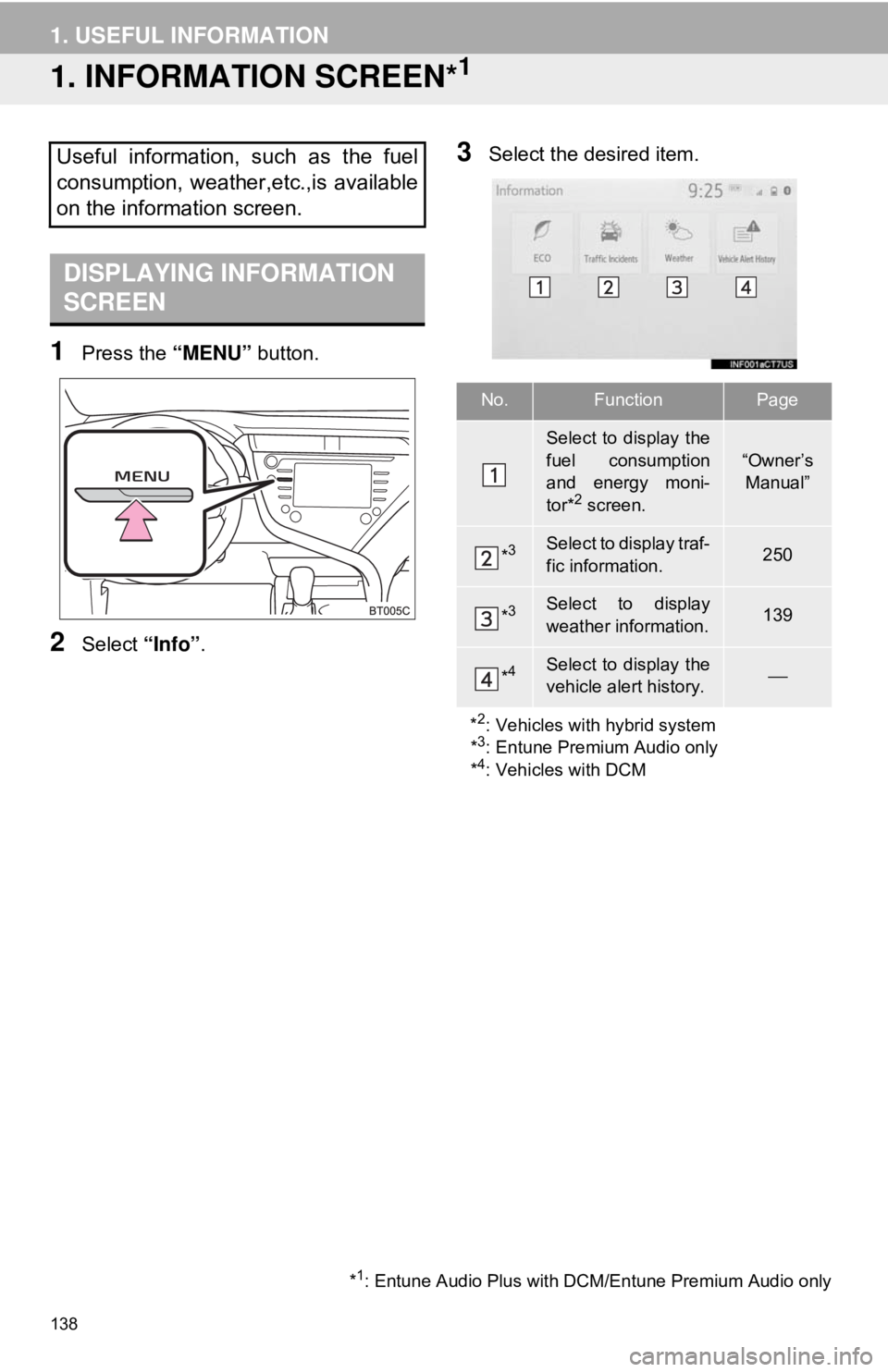 TOYOTA CAMRY 2018  Accessories, Audio & Navigation (in English) 138
1. USEFUL INFORMATION
1. INFORMATION SCREEN*1
1Press the “MENU” button.
2Select “Info”.
3Select the desired item.Useful information, such as the fuel
consumption, weather,etc.,is available