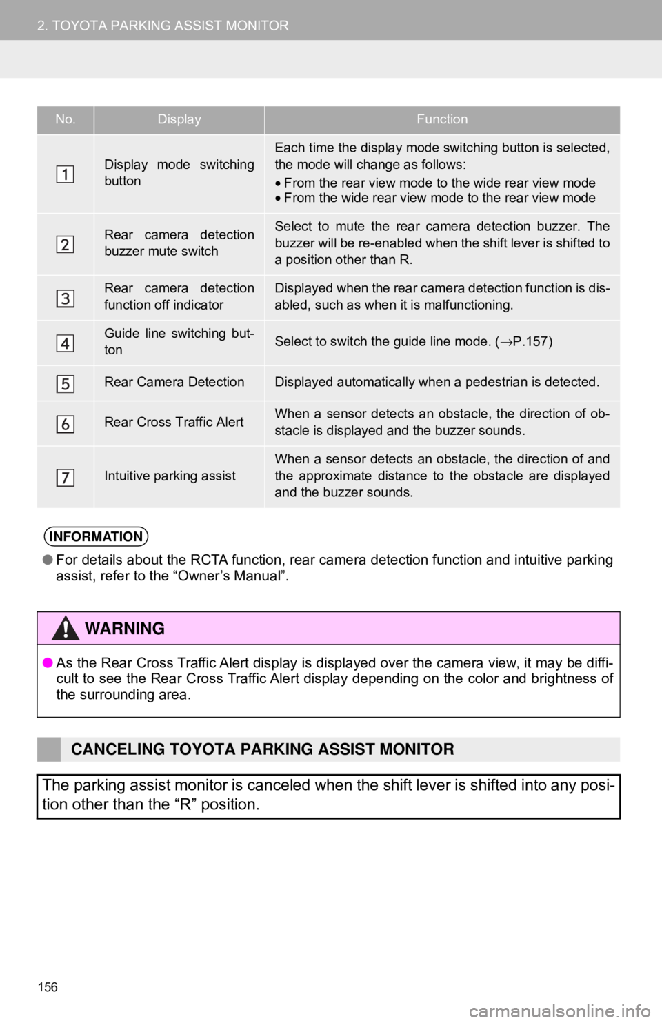 TOYOTA CAMRY 2018  Accessories, Audio & Navigation (in English) 156
2. TOYOTA PARKING ASSIST MONITOR
No.DisplayFunction
Display mode switching
button
Each time the display mode switching button is selected,
the mode will change as follows:
•From the rear view mo