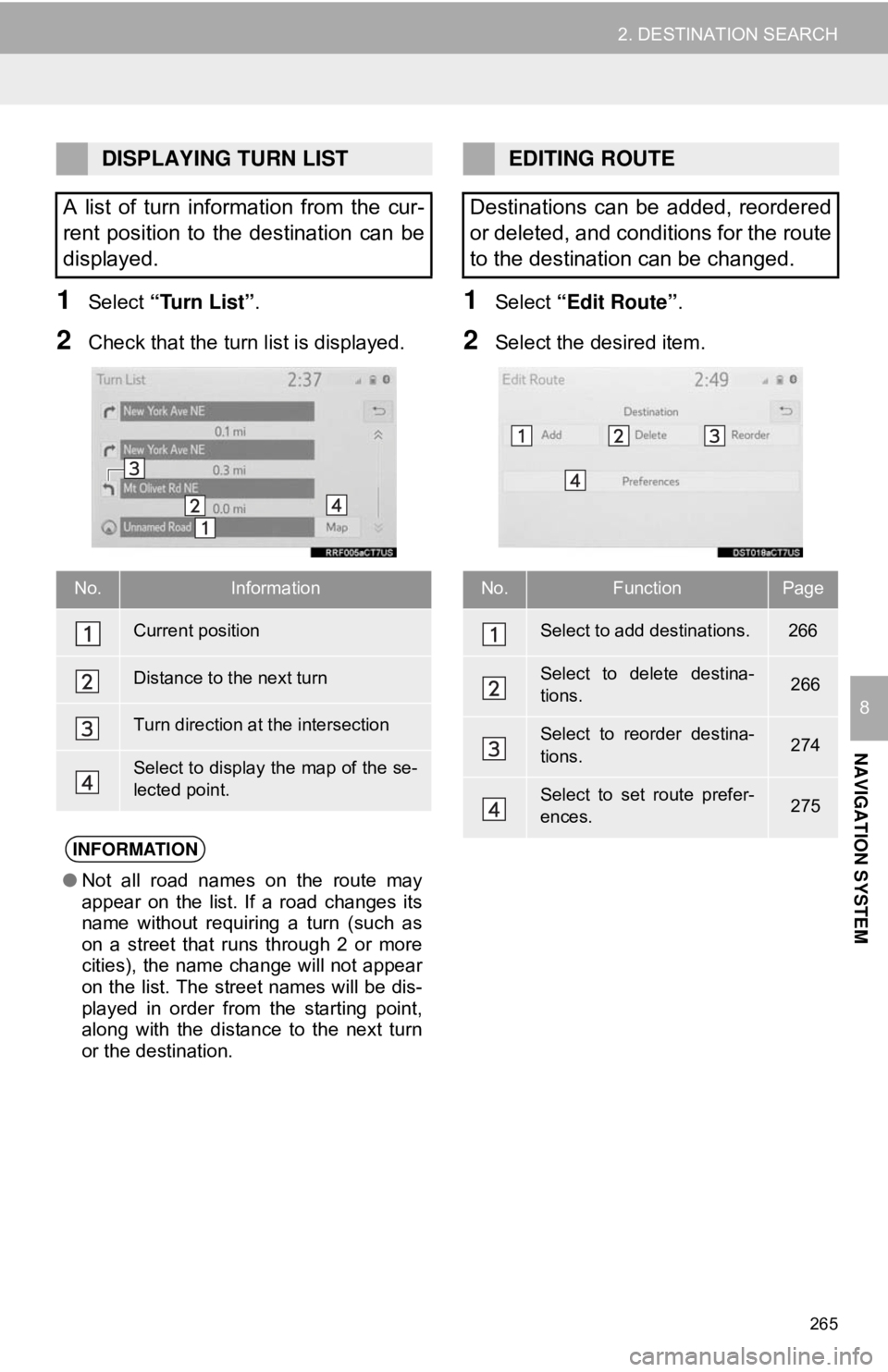 TOYOTA CAMRY 2018 Accessories, Audio & Navigation (in English) 265
2. DESTINATION SEARCH
NAVIGATION SYSTEM
8
1Select “Turn List” .
2Check that the turn list is displayed.
1Select “Edit Route” .
2Select the desired item.
DISPLAYING TURN LIST
A list of turn TOYOTA CAMRY 2018 Accessories, Audio & Navigation (in English) 265
2. DESTINATION SEARCH
NAVIGATION SYSTEM
8
1Select “Turn List” .
2Check that the turn list is displayed.
1Select “Edit Route” .
2Select the desired item.
DISPLAYING TURN LIST
A list of turn