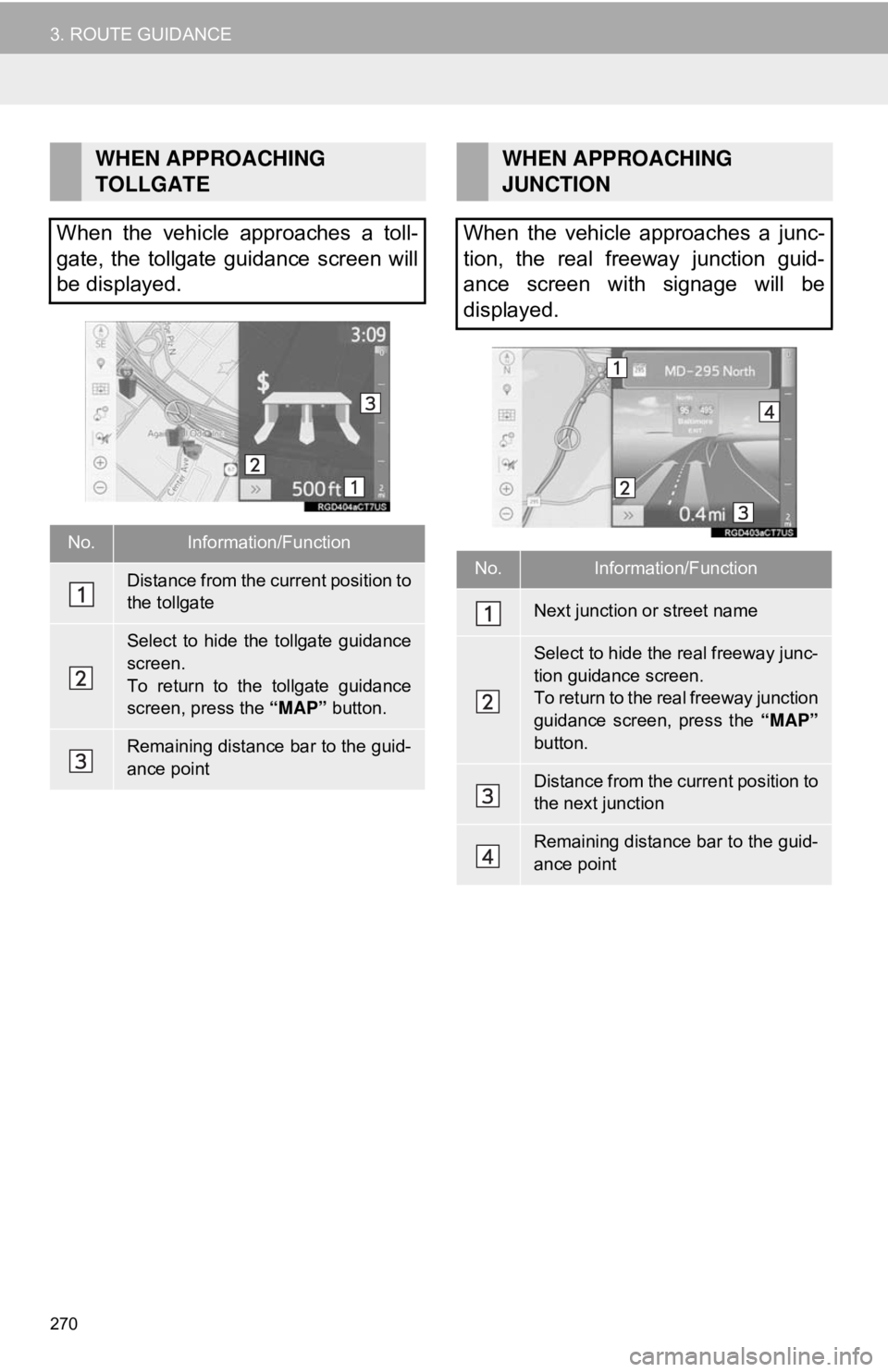 TOYOTA CAMRY 2018 Accessories, Audio & Navigation (in English) 270
3. ROUTE GUIDANCE
WHEN APPROACHING
TOLLGATE
When the vehicle approaches a toll-
gate, the tollgate guidance screen will
be displayed.
No.Information/Function
Distance from the current position to TOYOTA CAMRY 2018 Accessories, Audio & Navigation (in English) 270
3. ROUTE GUIDANCE
WHEN APPROACHING
TOLLGATE
When the vehicle approaches a toll-
gate, the tollgate guidance screen will
be displayed.
No.Information/Function
Distance from the current position to