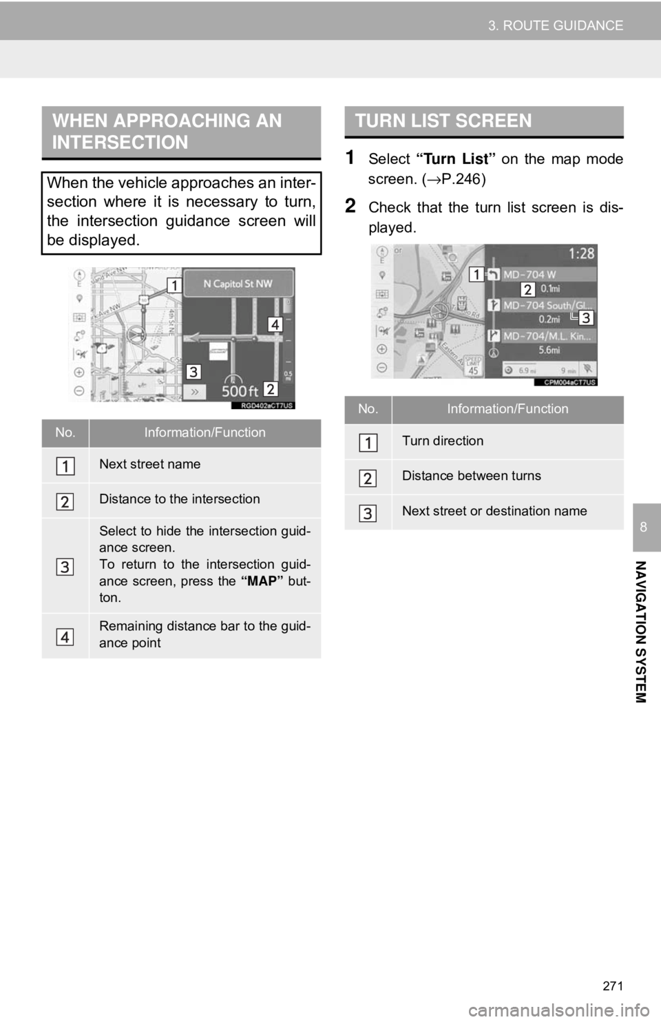 TOYOTA CAMRY 2018 Accessories, Audio & Navigation (in English) 271
3. ROUTE GUIDANCE
NAVIGATION SYSTEM
8
1Select “Turn List” on the map mode
screen. ( →P.246)
2Check that the turn list screen is dis-
played.
WHEN APPROACHING AN
INTERSECTION
When the vehic TOYOTA CAMRY 2018 Accessories, Audio & Navigation (in English) 271
3. ROUTE GUIDANCE
NAVIGATION SYSTEM
8
1Select “Turn List” on the map mode
screen. ( →P.246)
2Check that the turn list screen is dis-
played.
WHEN APPROACHING AN
INTERSECTION
When the vehic