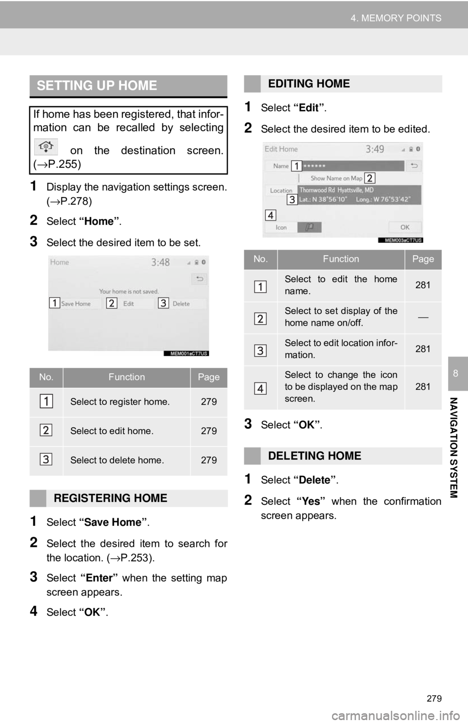 TOYOTA CAMRY 2018 Accessories, Audio & Navigation (in English) 279
4. MEMORY POINTS
NAVIGATION SYSTEM
8
1Display the navigation settings screen.
(→P.278)
2Select “Home” .
3Select the desired item to be set.
1Select “Save Home” .
2Select the desired item TOYOTA CAMRY 2018 Accessories, Audio & Navigation (in English) 279
4. MEMORY POINTS
NAVIGATION SYSTEM
8
1Display the navigation settings screen.
(→P.278)
2Select “Home” .
3Select the desired item to be set.
1Select “Save Home” .
2Select the desired item