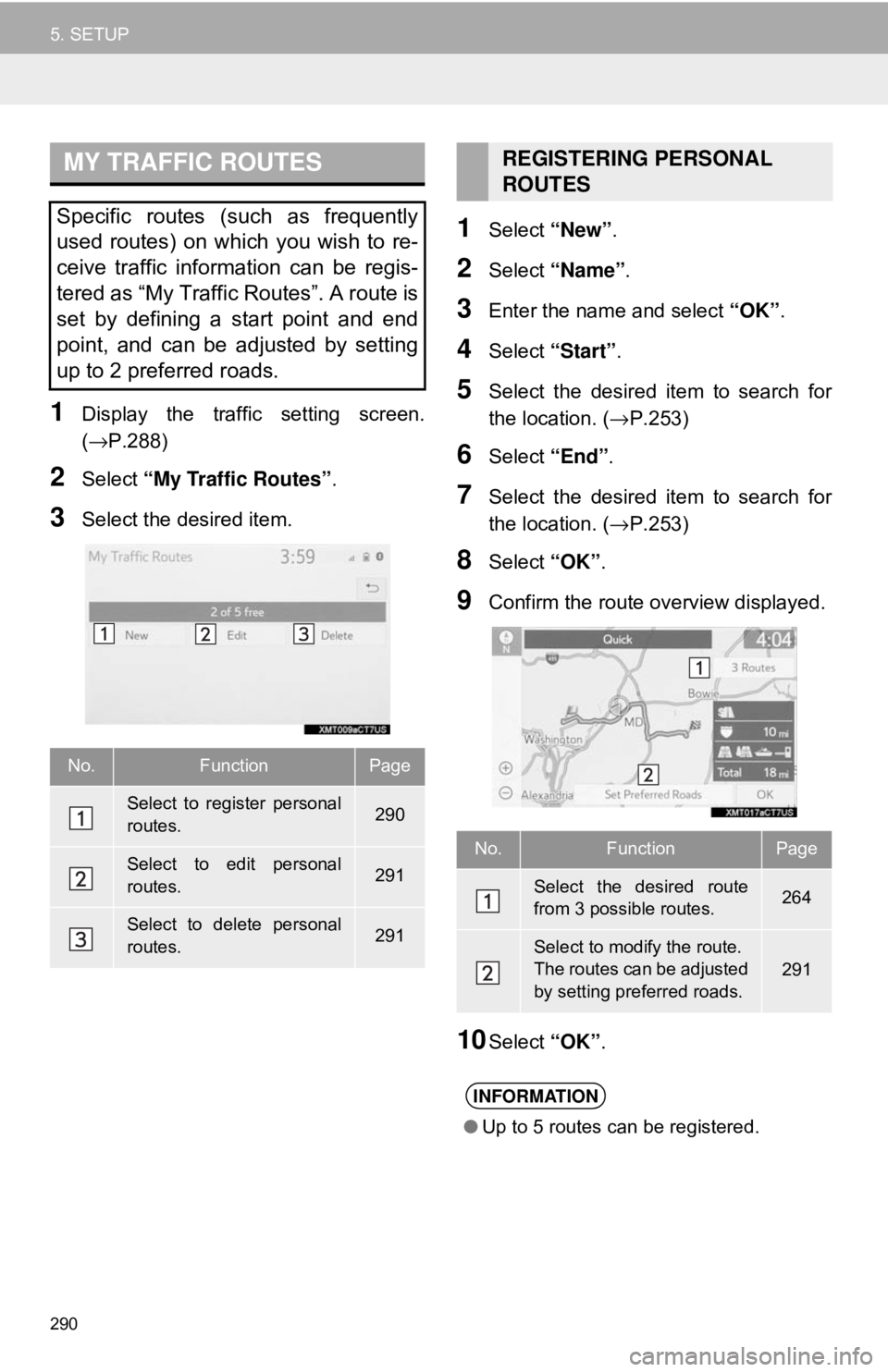 TOYOTA CAMRY 2018 Accessories, Audio & Navigation (in English) 290
5. SETUP
1Display the traffic setting screen.
(→P.288)
2Select “My Traffic Routes” .
3Select the desired item.
1Select “New”.
2Select “Name” .
3Enter the name and select “OK”.
TOYOTA CAMRY 2018 Accessories, Audio & Navigation (in English) 290
5. SETUP
1Display the traffic setting screen.
(→P.288)
2Select “My Traffic Routes” .
3Select the desired item.
1Select “New”.
2Select “Name” .
3Enter the name and select “OK”.