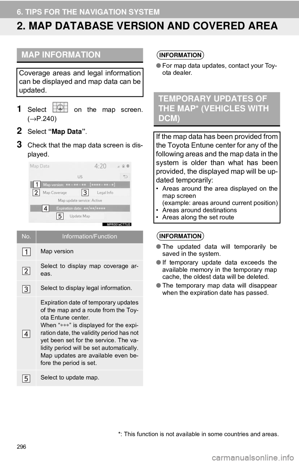 TOYOTA CAMRY 2018 Accessories, Audio & Navigation (in English) 296
6. TIPS FOR THE NAVIGATION SYSTEM
2. MAP DATABASE VERSION AND COVERED AREA
1Select on the map screen.
(→P.240)
2Select “Map Data” .
3Check that the map data screen is dis-
played.
MAP INFO TOYOTA CAMRY 2018 Accessories, Audio & Navigation (in English) 296
6. TIPS FOR THE NAVIGATION SYSTEM
2. MAP DATABASE VERSION AND COVERED AREA
1Select on the map screen.
(→P.240)
2Select “Map Data” .
3Check that the map data screen is dis-
played.
MAP INFO