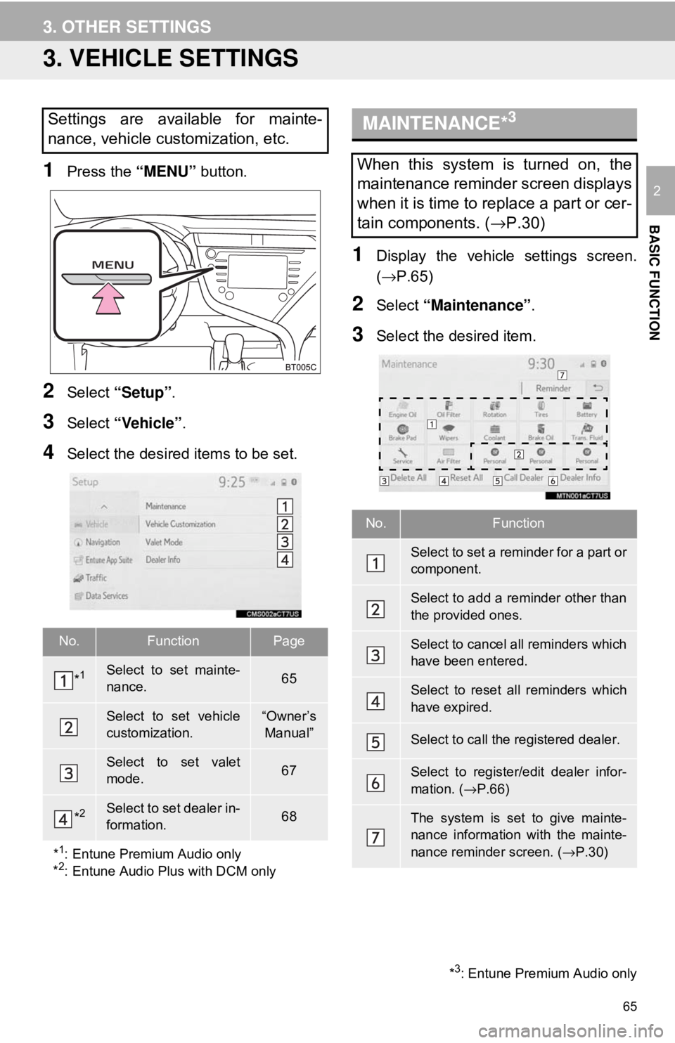 TOYOTA CAMRY 2018 Accessories, Audio & Navigation (in English) 65
3. OTHER SETTINGS
BASIC FUNCTION
2
3. VEHICLE SETTINGS
1Press the “MENU” button.
2Select “Setup” .
3Select “Vehicle”.
4Select the desired items to be set.
1Display the vehicle settings TOYOTA CAMRY 2018 Accessories, Audio & Navigation (in English) 65
3. OTHER SETTINGS
BASIC FUNCTION
2
3. VEHICLE SETTINGS
1Press the “MENU” button.
2Select “Setup” .
3Select “Vehicle”.
4Select the desired items to be set.
1Display the vehicle settings