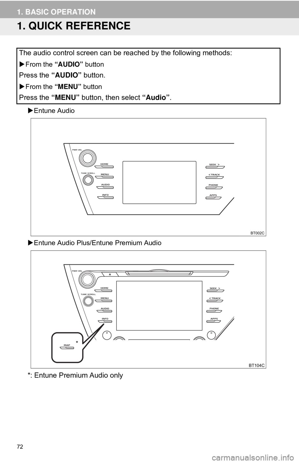 TOYOTA CAMRY 2018  Accessories, Audio & Navigation (in English) 72
1. BASIC OPERATION
1. QUICK REFERENCE
Entune Audio
 Entune Audio Plus/Entune Premium Audio
*: Entune Premium Audio only
The audio control screen can be reached by the following methods:

F