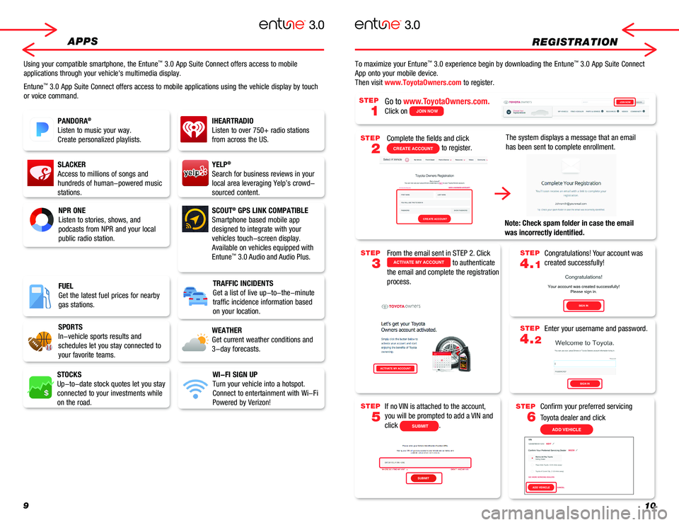 TOYOTA CAMRY 2018  Accessories, Audio & Navigation (in English) 910
REGISTRATION
Complete the fields and click 
CREATE ACCOUNT to register.
Go to www.ToyotaOwners.com.
Click on JOIN NOW
The system displays a message that an email 
has been sent to complete enrollm