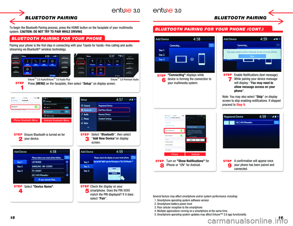 TOYOTA CAMRY 2018  Accessories, Audio & Navigation (in English) 1516
BLUETOOTH PAIRINGBLUETOOTH PAIRING
Pairing your phone is the first step in connecting with your Toyota for \
hands-free calling and audio 
streaming via Bluetooth® wireless technology. 
To begin