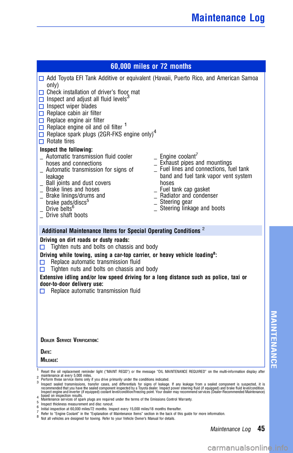 TOYOTA CAMRY 2018  Warranties & Maintenance Guides (in English) JOBNAME: 2877965-en-2018_CAMR PAGE: 45 SESS: 4 OUTPUT: Mon Jan 16 13:30:53 2017
/InfoShareAuthorCODA/InfoShareAuthorCODA/TS_Warr_Maint/2877965-en-2018_C\
AMRY.00505-18WMG-CAM_/TS_Warr_Maint_v1
60,000 