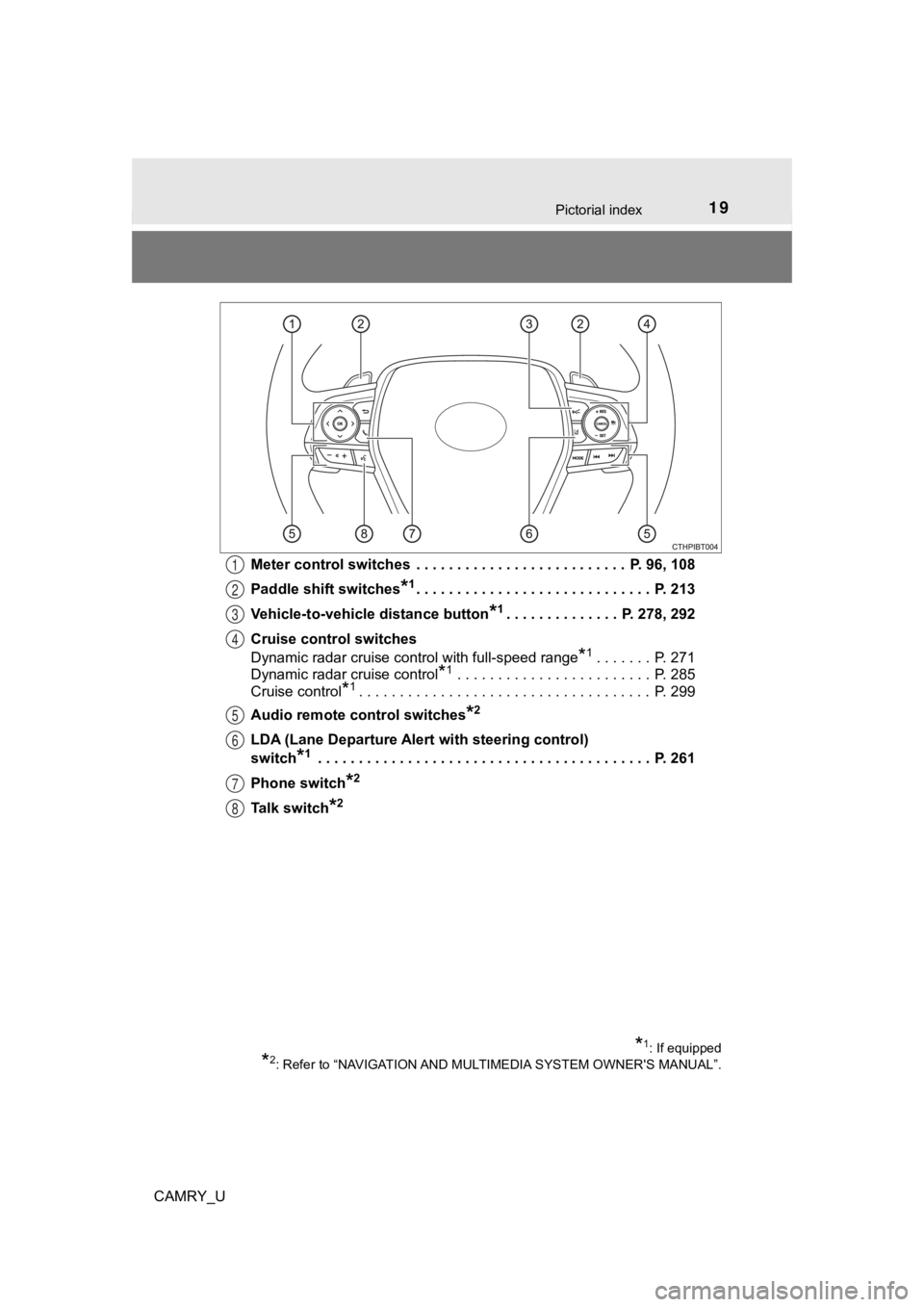 TOYOTA CAMRY 2019  Owners Manual (in English) 19Pictorial index
CAMRY_UMeter control switches  . . . . . . . . . . . . . . . . . . . . . . . . . .  P. 96, 108
Paddle shift switches
*1. . . . . . . . . . . . . . . . . . . . . . . . . . . . .  P. 2