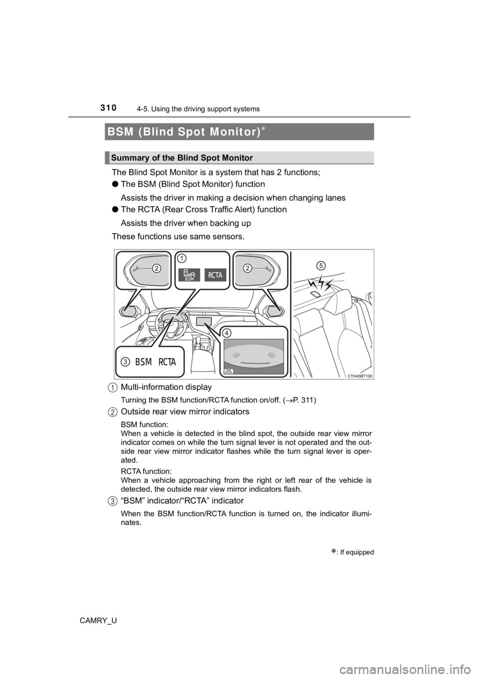 TOYOTA CAMRY 2019  Owners Manual (in English) 3104-5. Using the driving support systems
CAMRY_U
The Blind Spot Monitor is a  system that has 2 functions;
● The BSM (Blind Spot Monitor) function
Assists the driver in making a  decision when chan