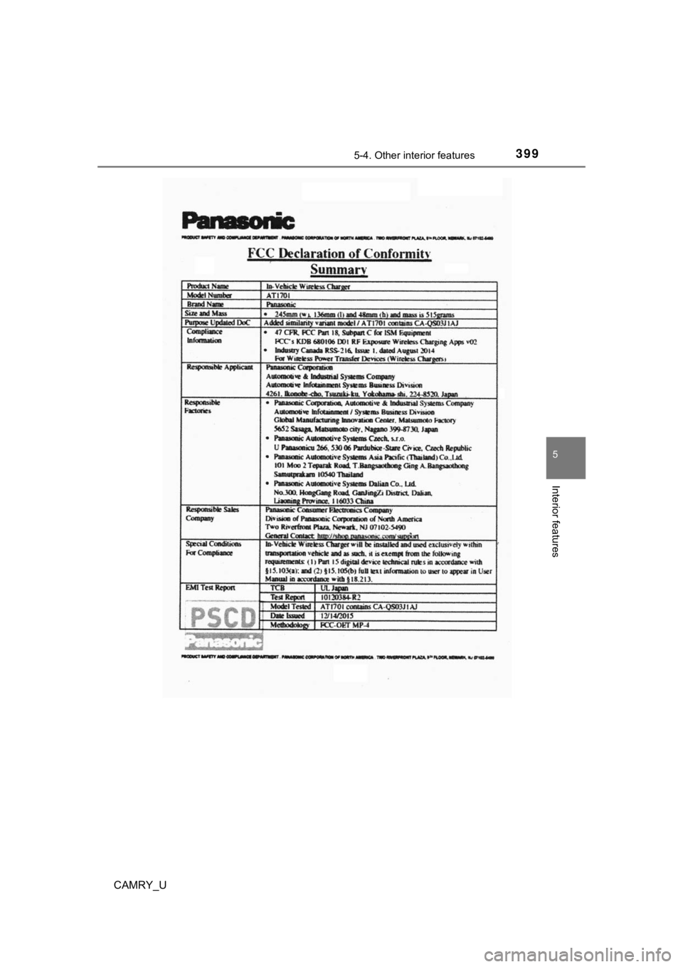 TOYOTA CAMRY 2019  Owners Manual (in English) 3995-4. Other interior features
CAMRY_U
5
Interior features 
