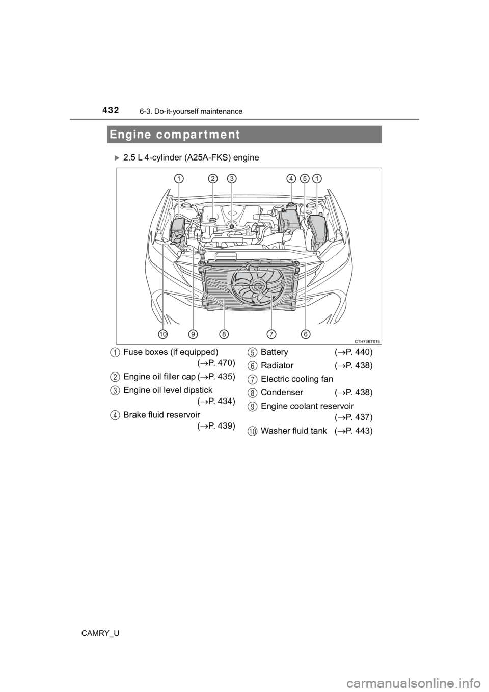 TOYOTA CAMRY 2019  Owners Manual (in English) 4326-3. Do-it-yourself maintenance
CAMRY_U
2.5 L 4-cylinder (A25A-FKS) engine
Engine compartment
Fuse boxes (if equipped)( P. 470)
Engine oil filler cap ( P. 435)
Engine oil level dipstick (�