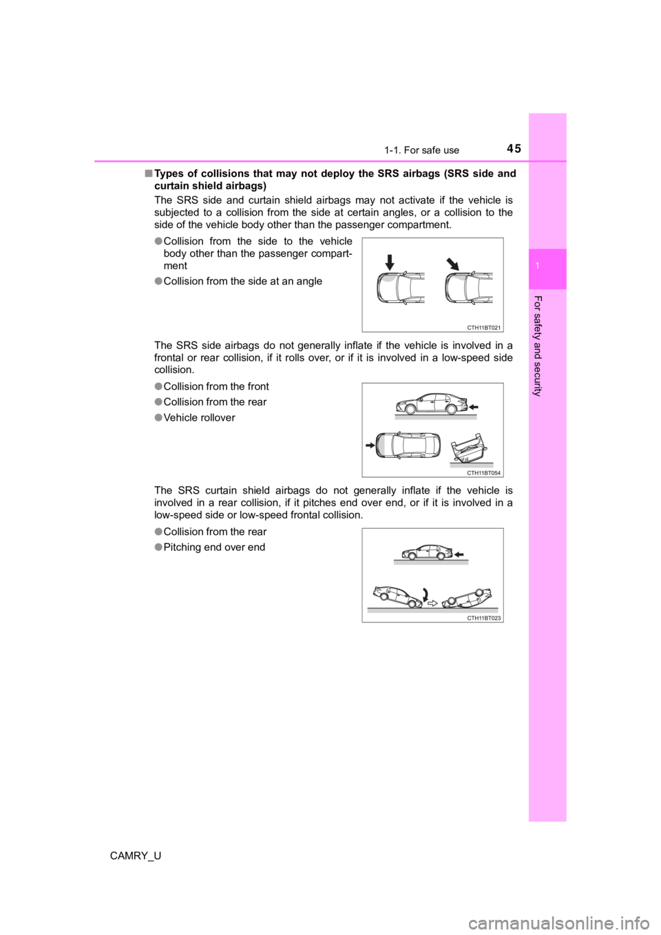 TOYOTA CAMRY 2019   (in English) Service Manual 451-1. For safe use
1
For safety and security
CAMRY_U■
Types  of  collisions  that  may  not  deploy  the  SRS  airbags  (SRS  si de  and
curtain shield airbags)
The  SRS  side  and  curtain  shield