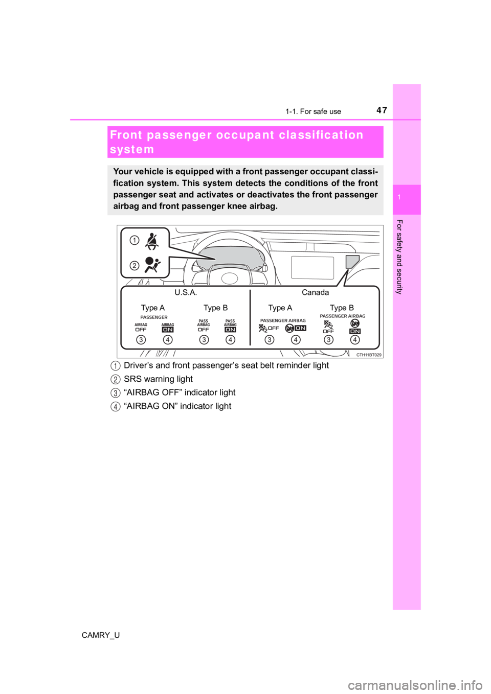 TOYOTA CAMRY 2019 (in English) Service Manual 471-1. For safe use
1
For safety and security
CAMRY_U
Front passenger occupant classification
system
Your vehicle is equipped with a front passenger occupant classi -
fication system. This system TOYOTA CAMRY 2019 (in English) Service Manual 471-1. For safe use
1
For safety and security
CAMRY_U
Front passenger occupant classification
system
Your vehicle is equipped with a front passenger occupant classi -
fication system. This system