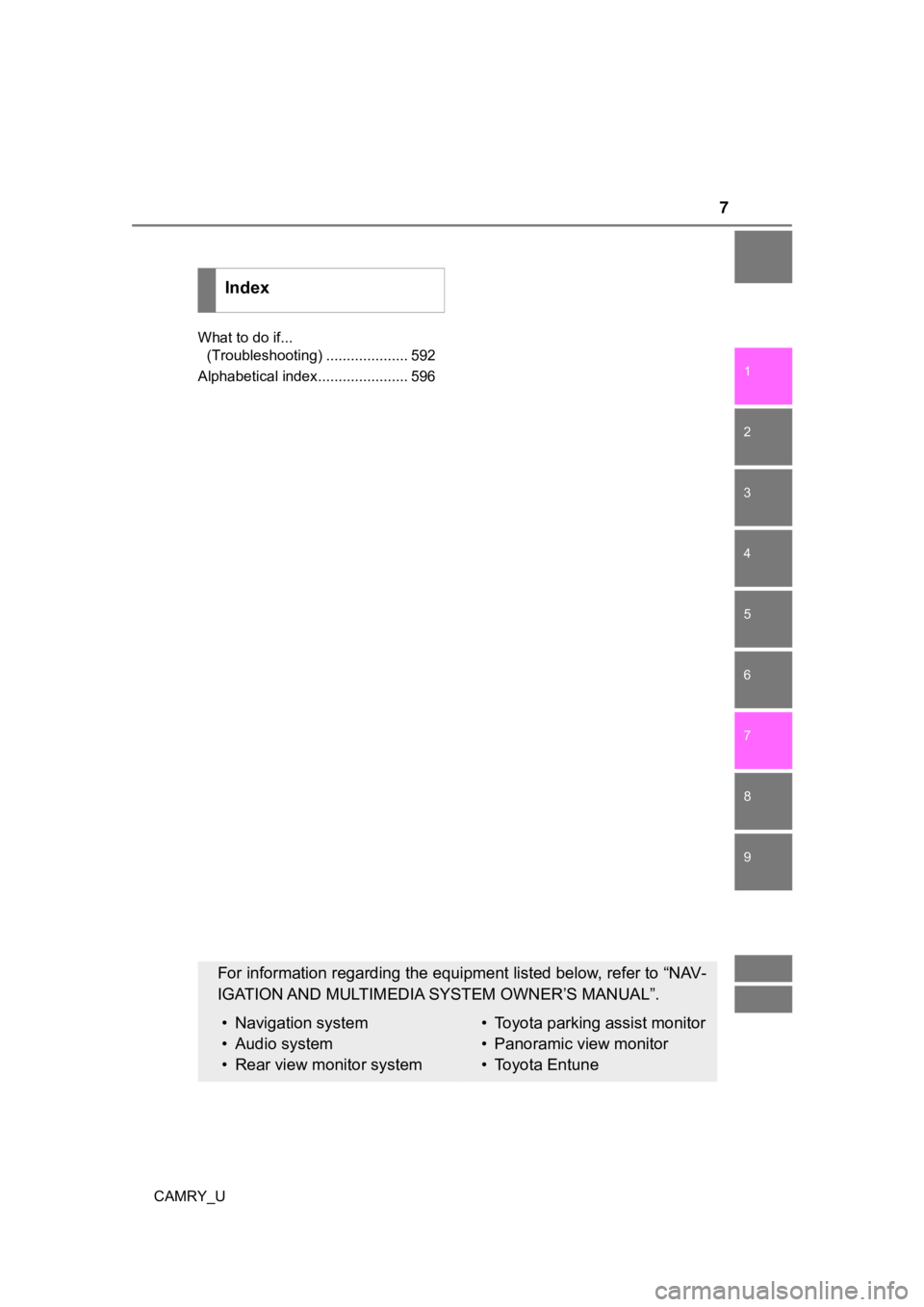 TOYOTA CAMRY 2019  Owners Manual (in English) 7
1
8 7 5 4
3
2
CAMRY_U
9
6
What to do if... (Troubleshooting) .................... 592
Alphabetical index...................... 596
Index
For information regarding the equipment listed below, refer t