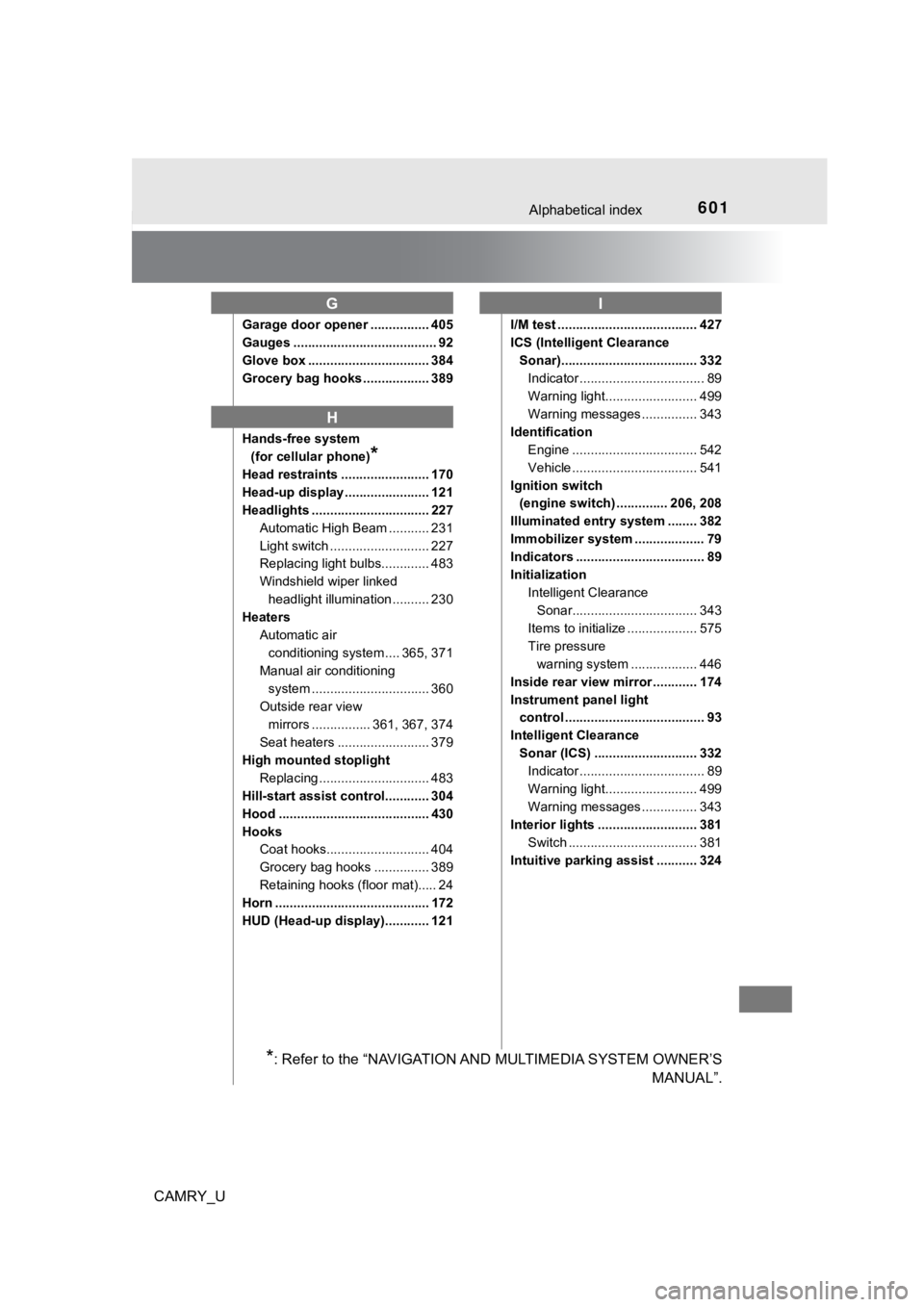 TOYOTA CAMRY 2019  Owners Manual (in English) 601Alphabetical index
CAMRY_U
Garage door opener ................ 405
Gauges ....................................... 92
Glove box ................................. 384
Grocery bag hooks ..............