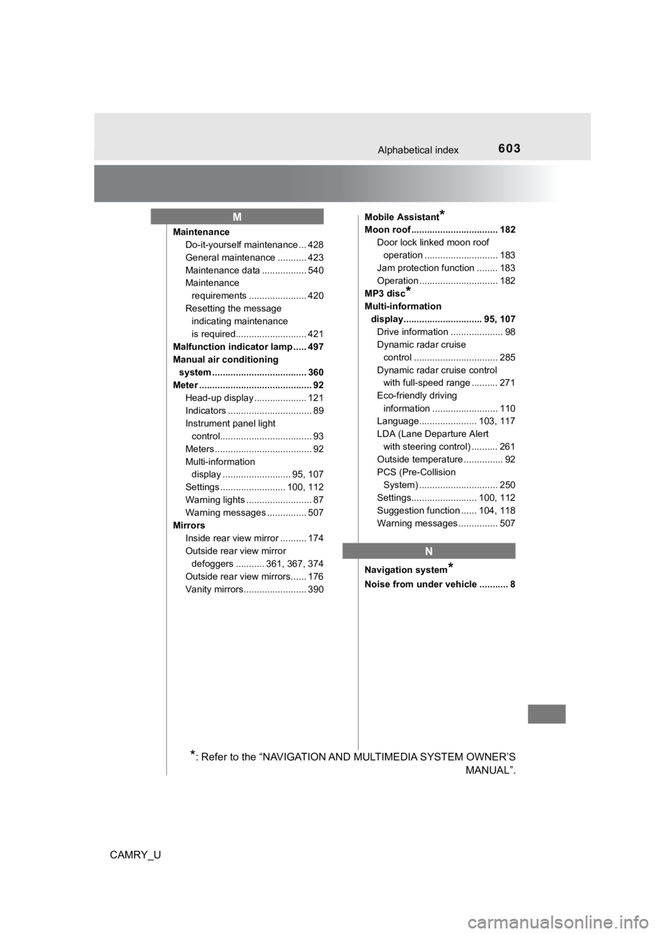TOYOTA CAMRY 2019 Owners Manual (in English) 603Alphabetical index
CAMRY_U
MaintenanceDo-it-yourself maintenance ... 428
General maintenance ........... 423
Maintenance data ................. 540
Maintenance
requirements ...................... TOYOTA CAMRY 2019 Owners Manual (in English) 603Alphabetical index
CAMRY_U
MaintenanceDo-it-yourself maintenance ... 428
General maintenance ........... 423
Maintenance data ................. 540
Maintenance
requirements ......................