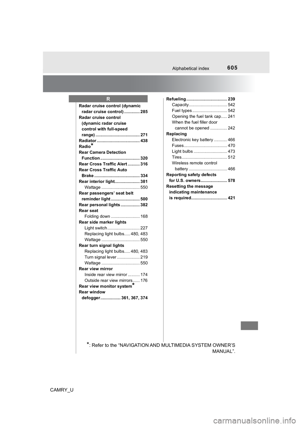 TOYOTA CAMRY 2019  Owners Manual (in English) 605Alphabetical index
CAMRY_U
Radar cruise control (dynamic radar cruise control) ............. 285
Radar cruise control  (dynamic radar cruise 
control with full-speed 
range) .......................