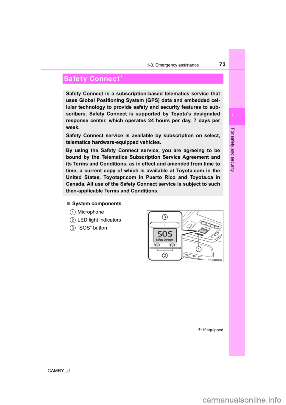 TOYOTA CAMRY 2019 (in English) Manual PDF 73
1
For safety and security
CAMRY_U
1-3. Emergency assistance
■System componentsMicrophone
LED light indicators
“SOS” button
Safety Connect
: If equipped
Safety Connect is a subscript TOYOTA CAMRY 2019 (in English) Manual PDF 73
1
For safety and security
CAMRY_U
1-3. Emergency assistance
■System componentsMicrophone
LED light indicators
“SOS” button
Safety Connect
: If equipped
Safety Connect is a subscript