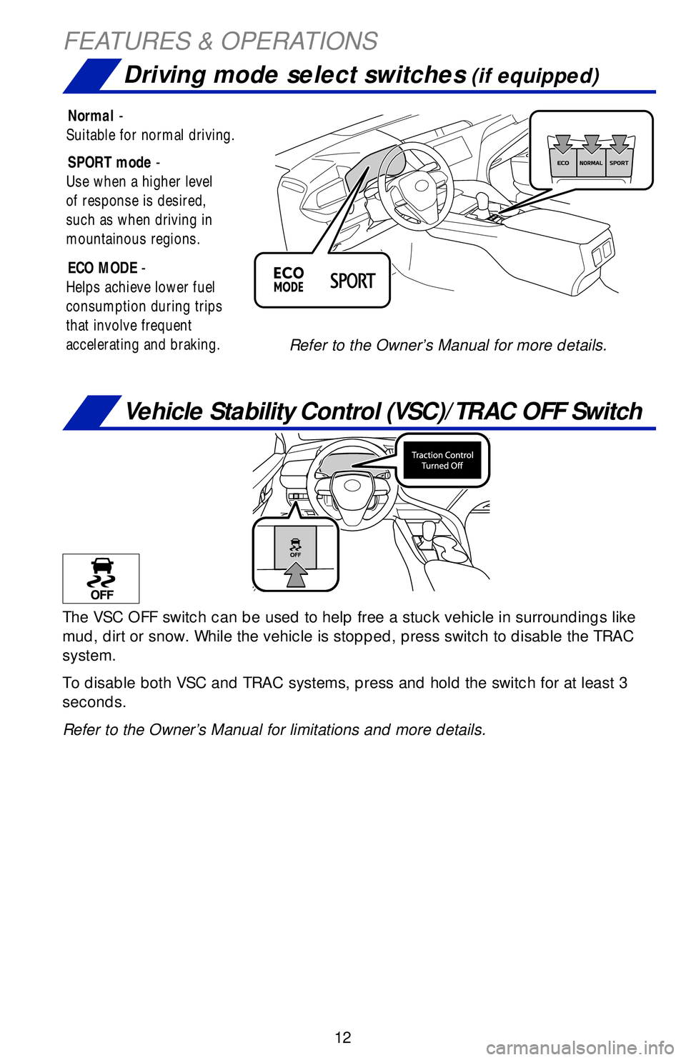 TOYOTA CAMRY 2019   (in English) User Guide 12
Vehicle Stability Control (VSC)/TRAC OFF Switch
FEATURES & OPERATIONS
Driving mode select switches (if equipped)
The VSC OFF switch can be used to help free a stuck vehicle in surroundings like 
mu