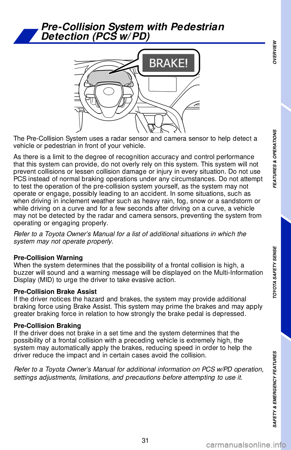 TOYOTA CAMRY 2019 (in English) Owners Guide 31
The Pre-Collision System uses a radar sensor and camera sensor to help detect a
vehicle or pedestrian in front of your vehicle.
As there is a limit to the degree of recognition accuracy and contro TOYOTA CAMRY 2019 (in English) Owners Guide 31
The Pre-Collision System uses a radar sensor and camera sensor to help detect a
vehicle or pedestrian in front of your vehicle.
As there is a limit to the degree of recognition accuracy and contro
