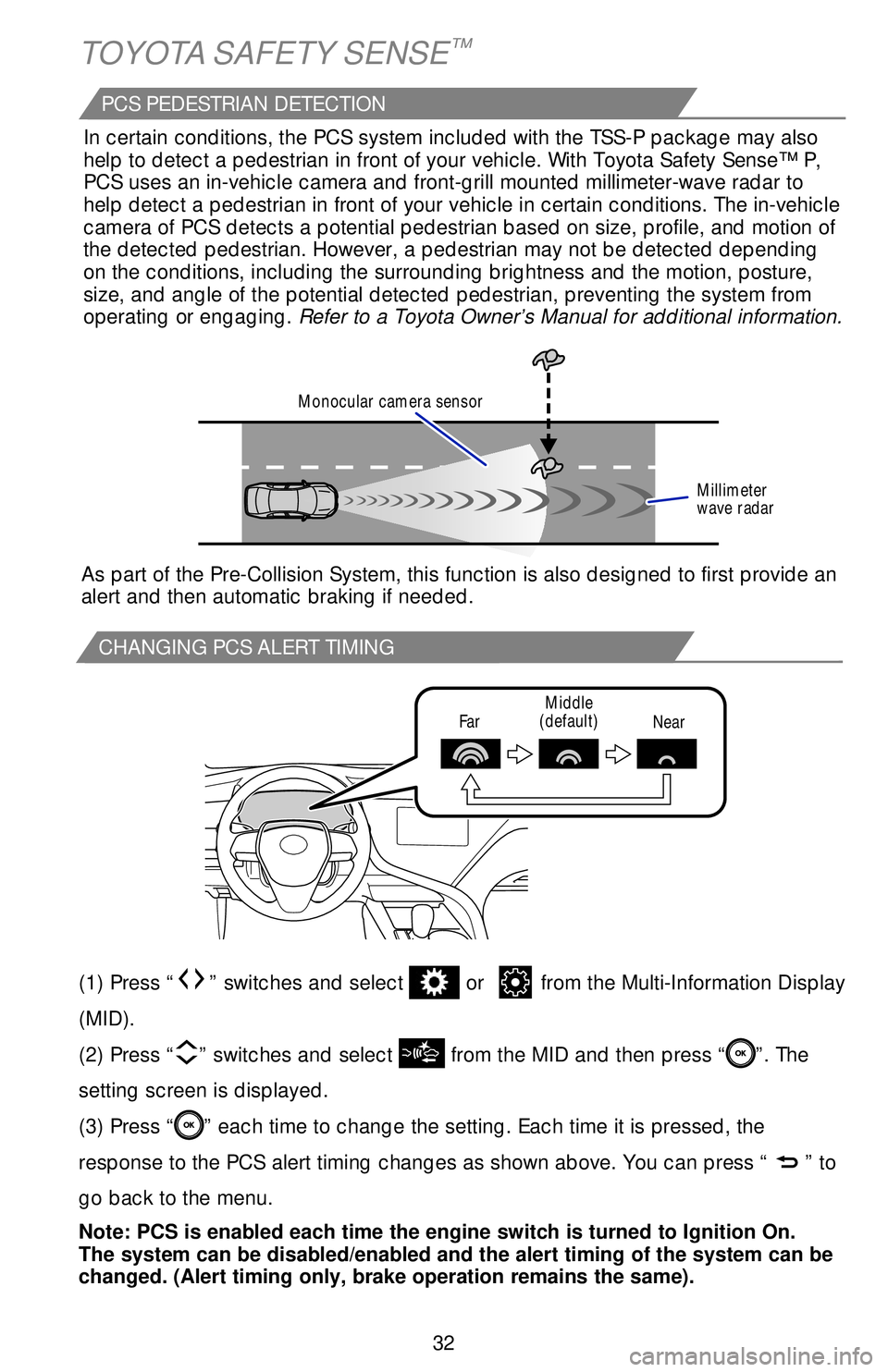 TOYOTA CAMRY 2019   (in English) Owners Guide 32
TOYOTA SAFETY SENSE™
CHANGING PCS ALERT TIMING
FarMiddle
(default)
Near
(1) Press “” switches and select  or from the Multi-Information Display 
(MID).  
(2) Press “
” switches and select