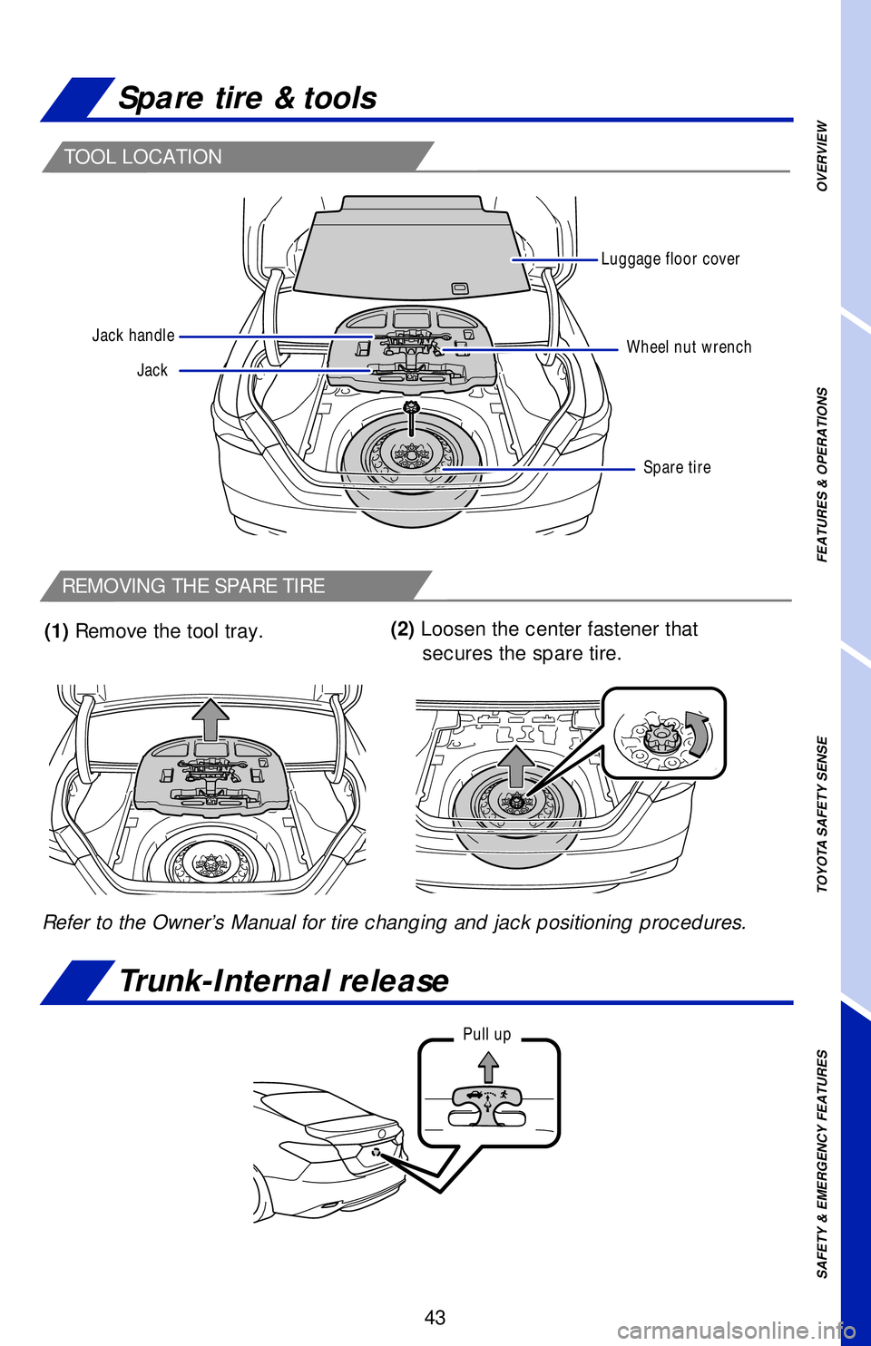 TOYOTA CAMRY 2019  Owners Manual (in English) 43
TOOL LOCATION
REMOVING THE SPARE TIRE
Spare tire & tools
Trunk-Internal release
(1) Remove the tool tray.
Refer to the Owner’s Manual for tire changing and jack positioning procedures.(2) Loosen 