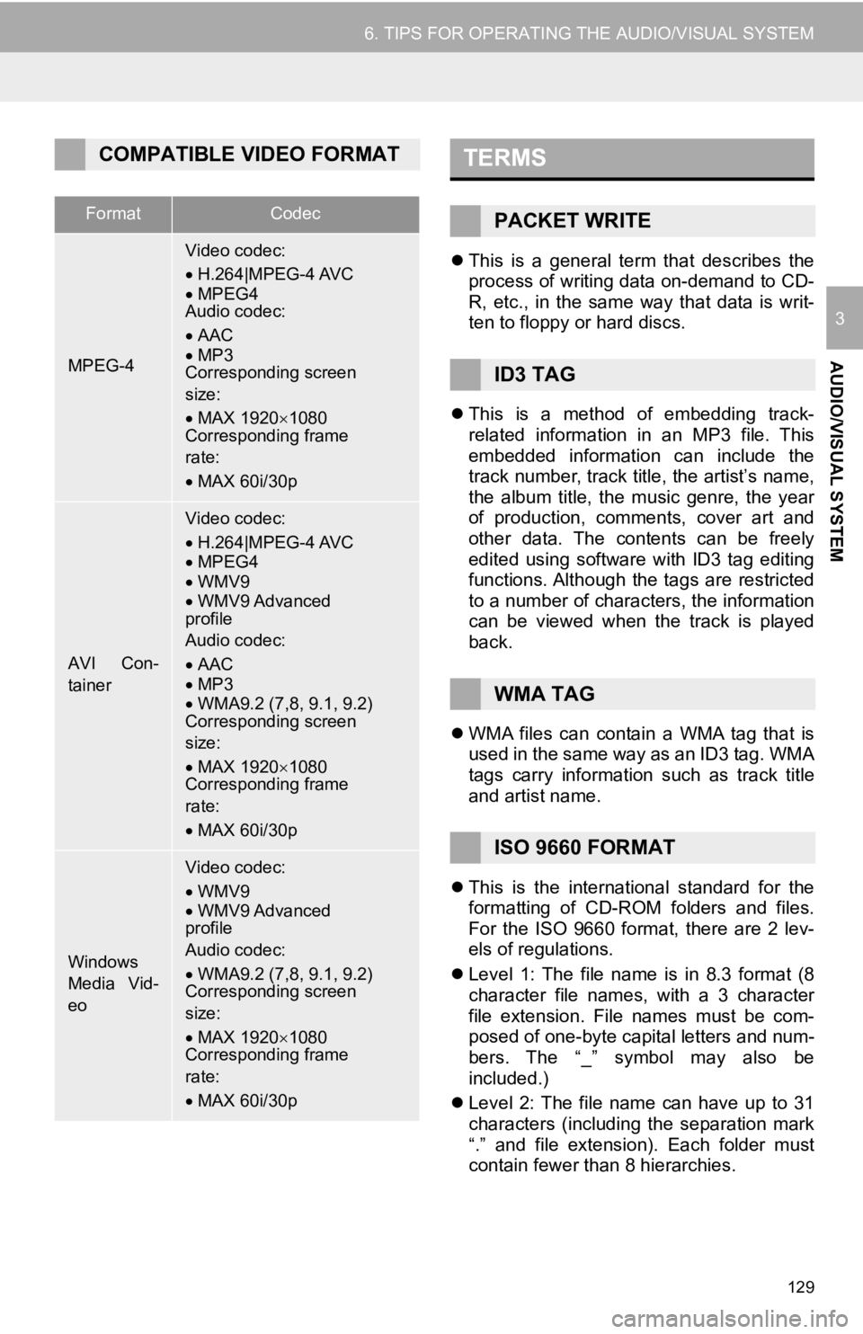 TOYOTA CAMRY 2019 Accessories, Audio & Navigation (in English) 129
6. TIPS FOR OPERATING THE AUDIO/VISUAL SYSTEM
AUDIO/VISUAL SYSTEM
3
This is a general term that describes the
process of writing data on-demand to CD-
R, etc., in the same way that TOYOTA CAMRY 2019 Accessories, Audio & Navigation (in English) 129
6. TIPS FOR OPERATING THE AUDIO/VISUAL SYSTEM
AUDIO/VISUAL SYSTEM
3
This is a general term that describes the
process of writing data on-demand to CD-
R, etc., in the same way that