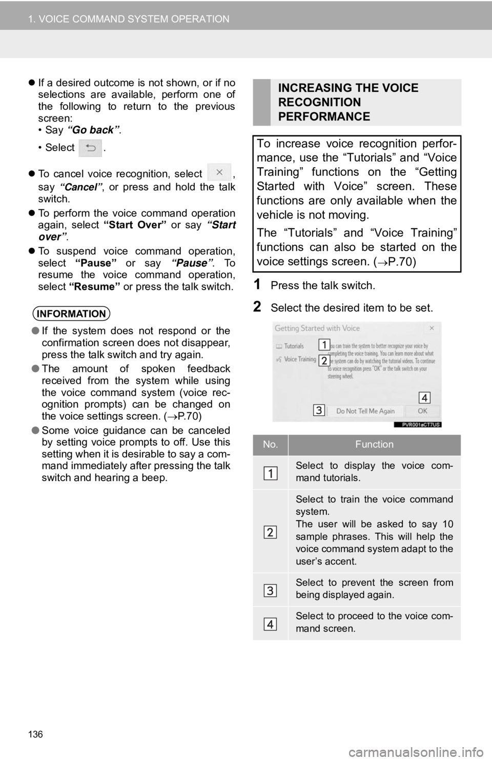 TOYOTA CAMRY 2019 Accessories, Audio & Navigation (in English) 136
1. VOICE COMMAND SYSTEM OPERATION
If a desired outcome is not shown, or if no
selections are available, perform one of
the following to return to the previous
screen:
•Say “Go b TOYOTA CAMRY 2019 Accessories, Audio & Navigation (in English) 136
1. VOICE COMMAND SYSTEM OPERATION
If a desired outcome is not shown, or if no
selections are available, perform one of
the following to return to the previous
screen:
•Say “Go b