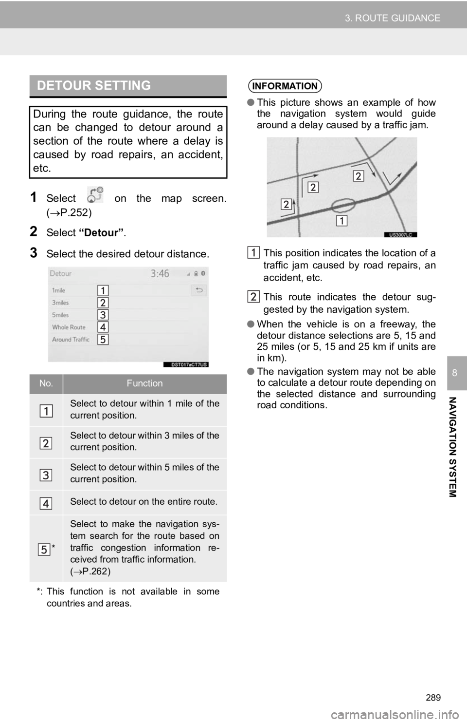 TOYOTA CAMRY 2019 Accessories, Audio & Navigation (in English) 289
3. ROUTE GUIDANCE
NAVIGATION SYSTEM
8
1Select on the map screen.
(P.252)
2Select “Detour” .
3Select the desired detour distance.
DETOUR SETTING
During the route guidance, the rou TOYOTA CAMRY 2019 Accessories, Audio & Navigation (in English) 289
3. ROUTE GUIDANCE
NAVIGATION SYSTEM
8
1Select on the map screen.
(P.252)
2Select “Detour” .
3Select the desired detour distance.
DETOUR SETTING
During the route guidance, the rou