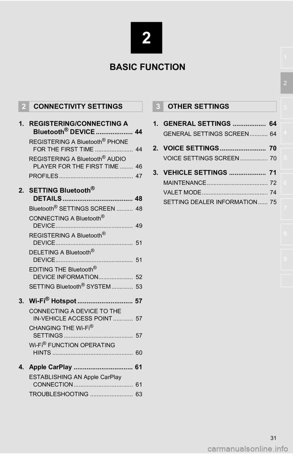TOYOTA CAMRY 2019 Accessories, Audio & Navigation (in English) 2
31
3
4
5
6
7
8
9
1
2
1. REGISTERING/CONNECTING ABluetooth® DEVICE .................... 44
REGISTERING A Bluetooth® PHONE
FOR THE FIRST TIME ....................... 44
REGISTERING A Bluetooth
® A TOYOTA CAMRY 2019 Accessories, Audio & Navigation (in English) 2
31
3
4
5
6
7
8
9
1
2
1. REGISTERING/CONNECTING ABluetooth® DEVICE .................... 44
REGISTERING A Bluetooth® PHONE
FOR THE FIRST TIME ....................... 44
REGISTERING A Bluetooth
® A