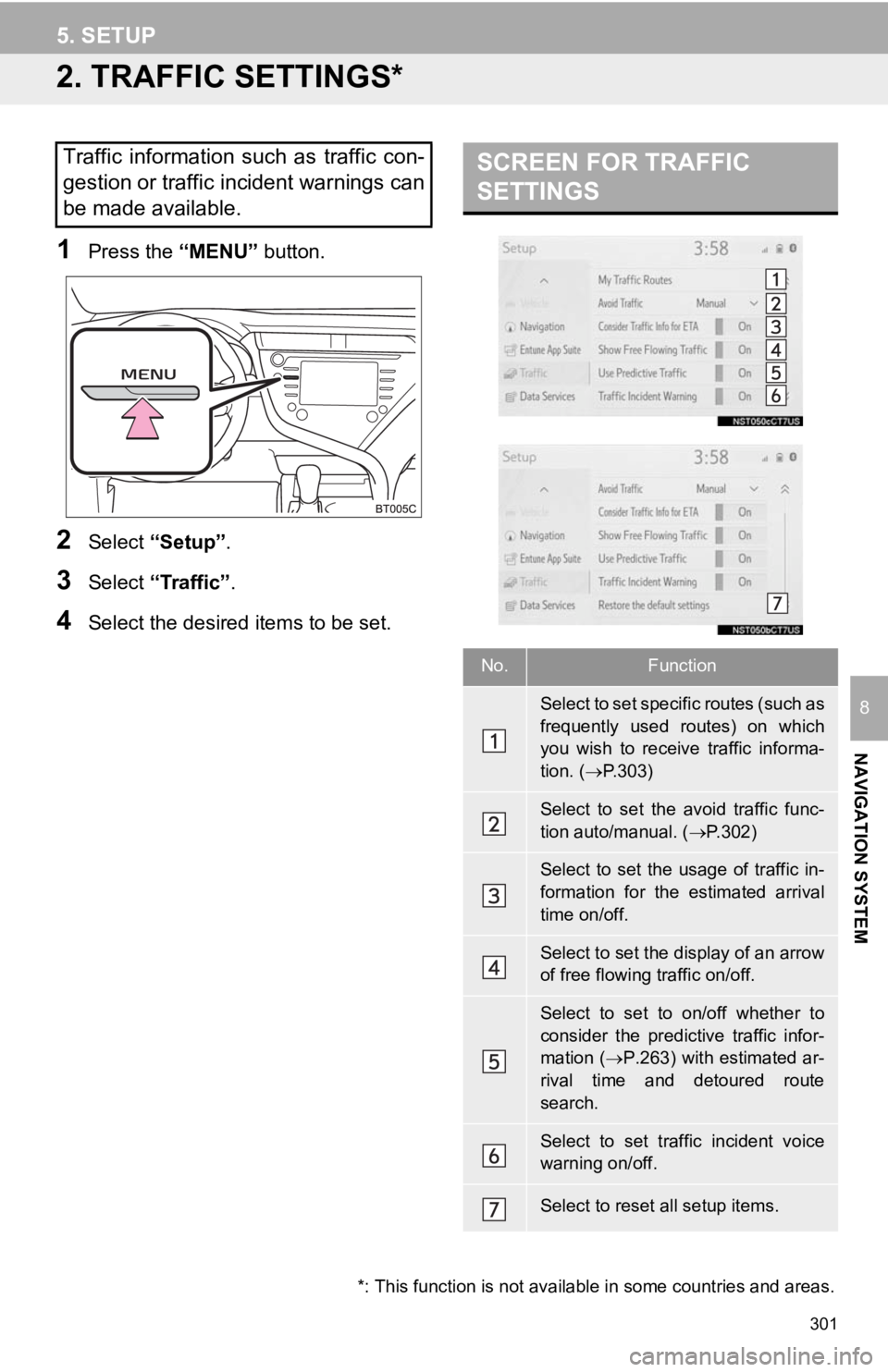 TOYOTA CAMRY 2019 Accessories, Audio & Navigation (in English) 301
5. SETUP
NAVIGATION SYSTEM
8
2. TRAFFIC SETTINGS*
1Press the “MENU” button.
2Select “Setup” .
3Select “Traffic” .
4Select the desired items to be set.
Traffic information such as TOYOTA CAMRY 2019 Accessories, Audio & Navigation (in English) 301
5. SETUP
NAVIGATION SYSTEM
8
2. TRAFFIC SETTINGS*
1Press the “MENU” button.
2Select “Setup” .
3Select “Traffic” .
4Select the desired items to be set.
Traffic information such as
