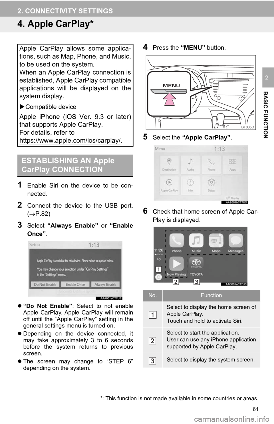 TOYOTA CAMRY 2019 Accessories, Audio & Navigation (in English) 61
2. CONNECTIVITY SETTINGS
BASIC FUNCTION
2
4. Apple CarPlay*
1Enable Siri on the device to be con-
nected.
2Connect the device to the USB port.
(P.82)
3Select “Always Enable” o TOYOTA CAMRY 2019 Accessories, Audio & Navigation (in English) 61
2. CONNECTIVITY SETTINGS
BASIC FUNCTION
2
4. Apple CarPlay*
1Enable Siri on the device to be con-
nected.
2Connect the device to the USB port.
(P.82)
3Select “Always Enable” o