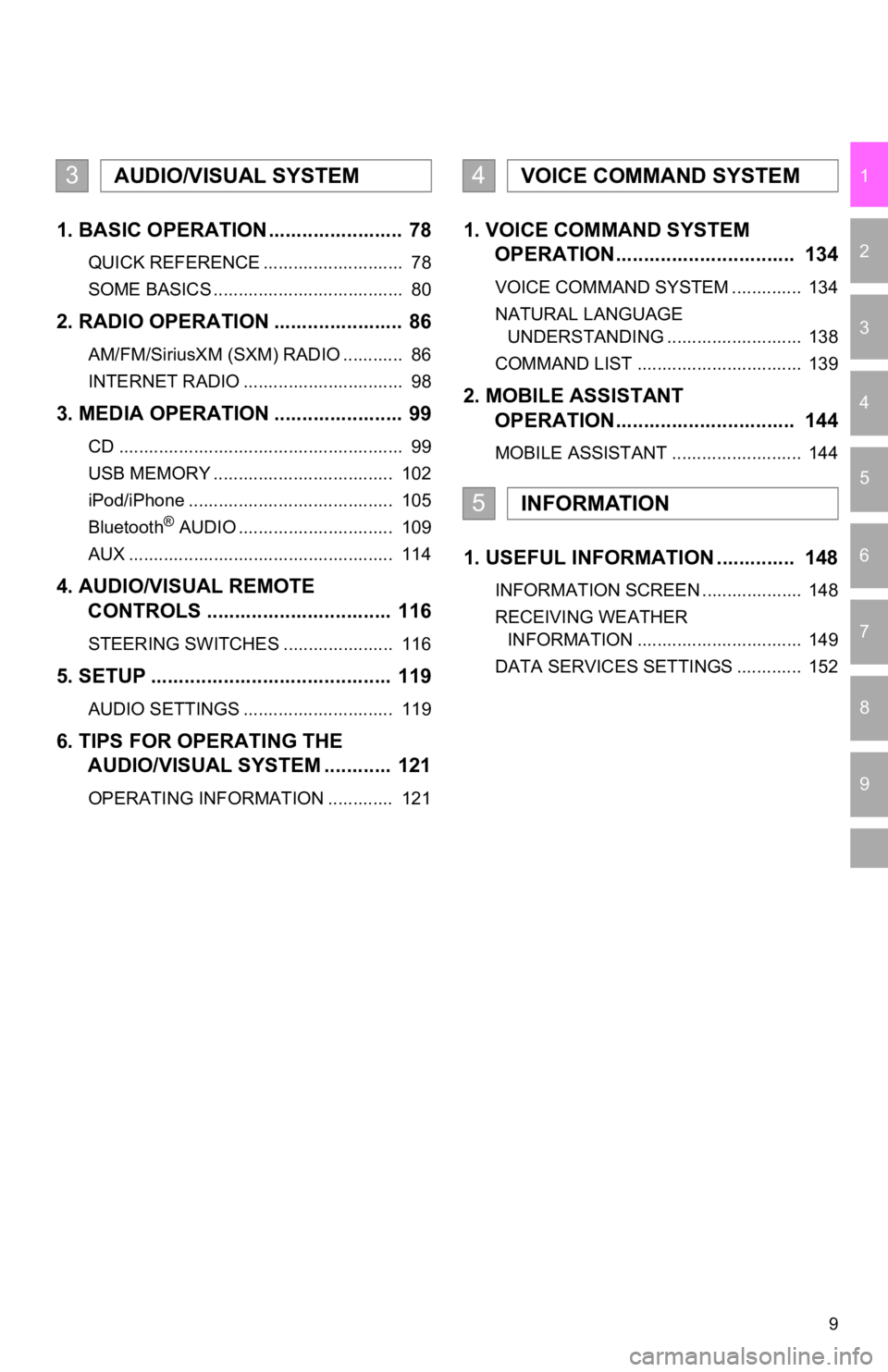 TOYOTA CAMRY 2019  Accessories, Audio & Navigation (in English) 9
1
2
3
4
5
6
7
9
8
1. BASIC OPERATION ........................ 78
QUICK REFERENCE ............................  78
SOME BASICS ......................................  80
2. RADIO OPERATION ..........