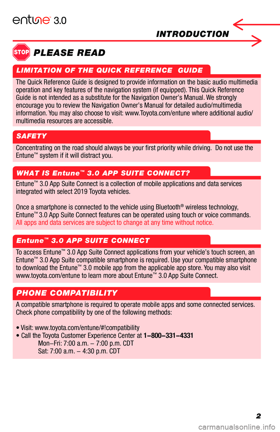 TOYOTA CAMRY 2019 Accessories, Audio & Navigation (in English) 2
INTRODUCTION
Concentrating on the road should always be your first priority while driving. Do not use the
Entune™ system if it will distract you.
WHAT IS Entune™ 3.0 APP SUITE CONNECT?
Entune TOYOTA CAMRY 2019 Accessories, Audio & Navigation (in English) 2
INTRODUCTION
Concentrating on the road should always be your first priority while driving. Do not use the
Entune™ system if it will distract you.
WHAT IS Entune™ 3.0 APP SUITE CONNECT?
Entune