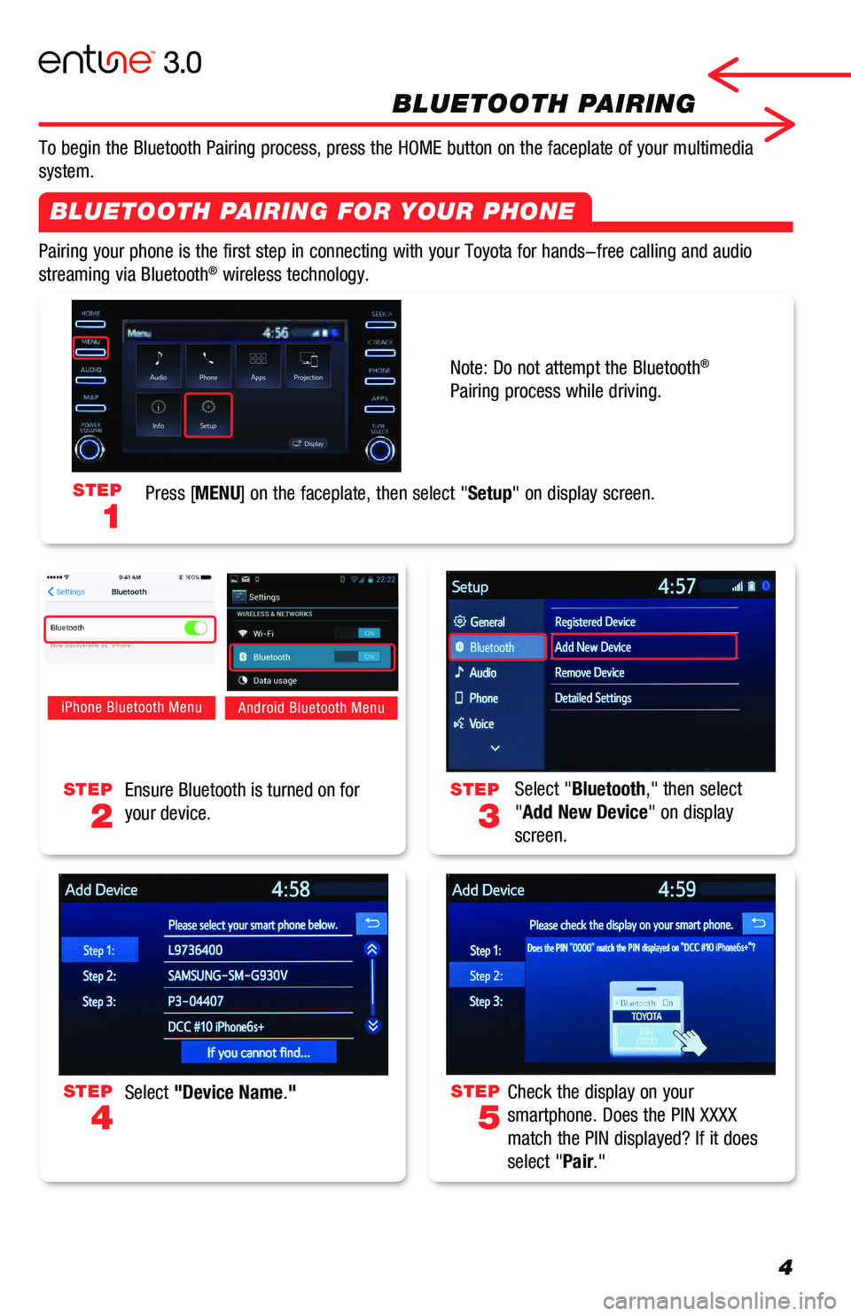 TOYOTA CAMRY 2019  Accessories, Audio & Navigation (in English) 4
BLUETOOTH PAIRING
Pairing your phone is the first step in connecting with your Toyota for \
hands-free calling and audio 
streaming via Bluetooth® wireless technology. 
To begin the Bluetooth Pairi