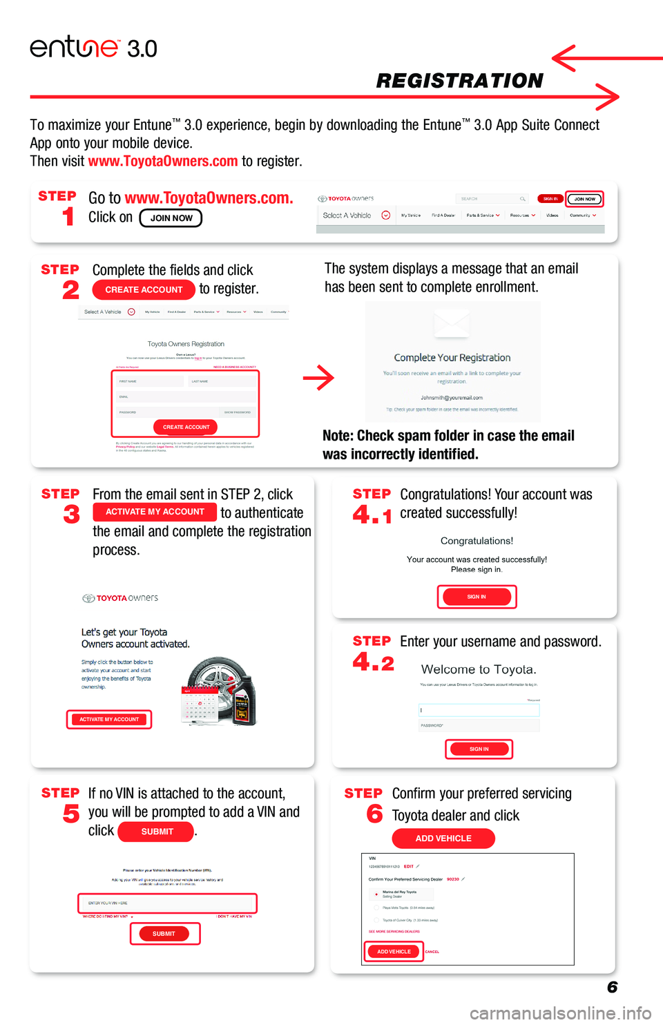 TOYOTA CAMRY 2019  Accessories, Audio & Navigation (in English) 6
REGISTRATION
Complete the fields and click 
CREATE ACCOUNT to register.
Go to www.ToyotaOwners.com.
Click on 
The system displays a message that an email 
has been sent to complete enrollment.
Note: