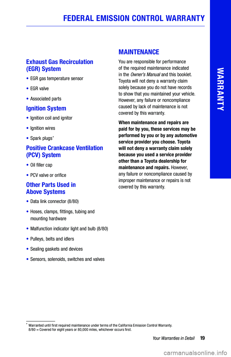 TOYOTA CAMRY 2019 Warranties & Maintenance Guides (in English) 19Your Warranties in Detail
WARRANTY
Exhaust Gas Recirculation
(EGR) System
• EGR gas temperature sensor
• EGR valve
• Associated parts
Ignition System
• Ignition coil and ignitor
• Ign TOYOTA CAMRY 2019 Warranties & Maintenance Guides (in English) 19Your Warranties in Detail
WARRANTY
Exhaust Gas Recirculation
(EGR) System
• EGR gas temperature sensor
• EGR valve
• Associated parts
Ignition System
• Ignition coil and ignitor
• Ign