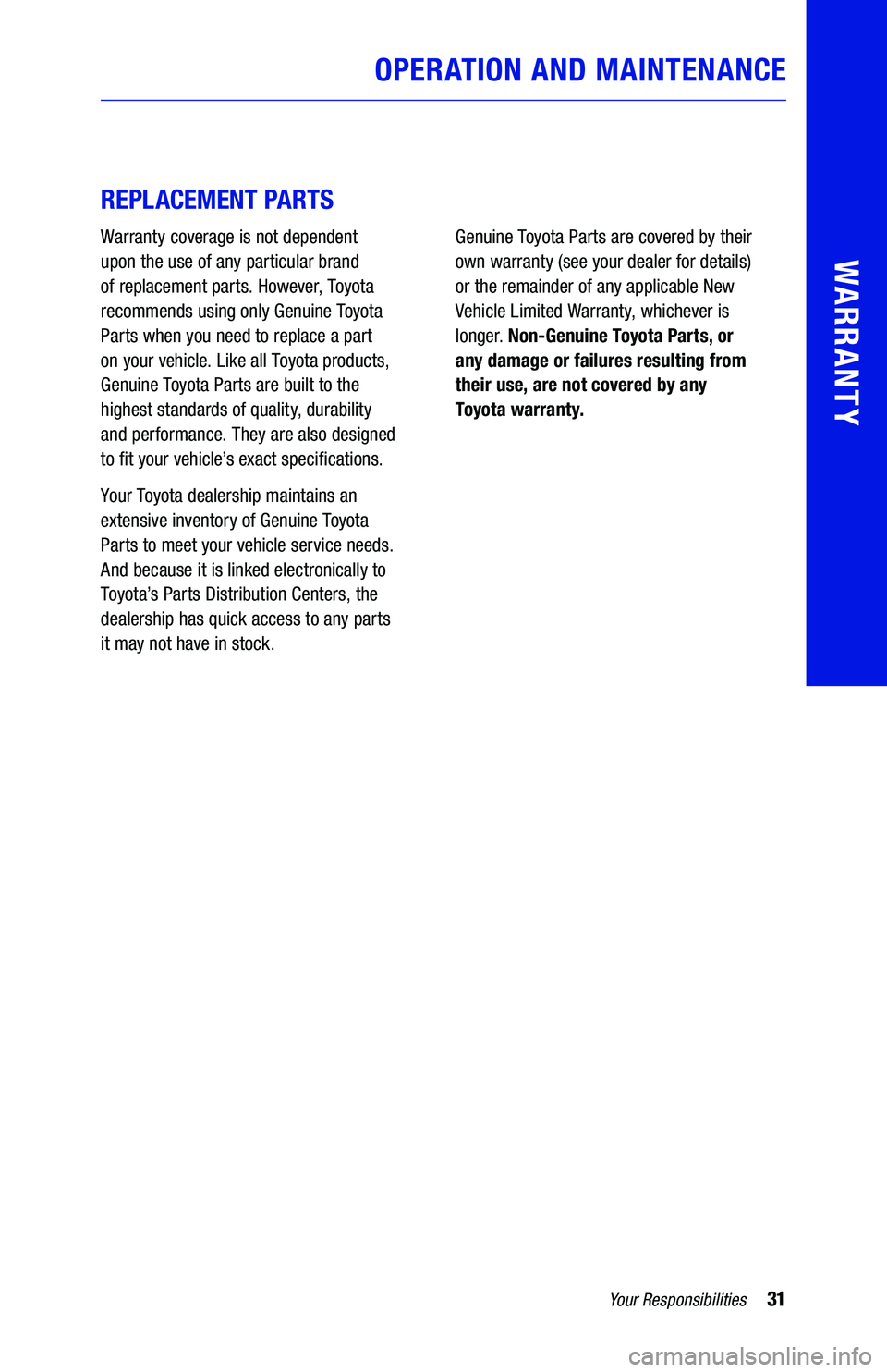 TOYOTA CAMRY 2019  Warranties & Maintenance Guides (in English) 31Your Responsibilities
WARRANTY
OPERATION AND MAINTENANCE
 
 
REPLACEMENT PARTS
Warranty coverage is not dependent  
upon the use of any particular brand 
of replacement parts. However, Toyota 
recom