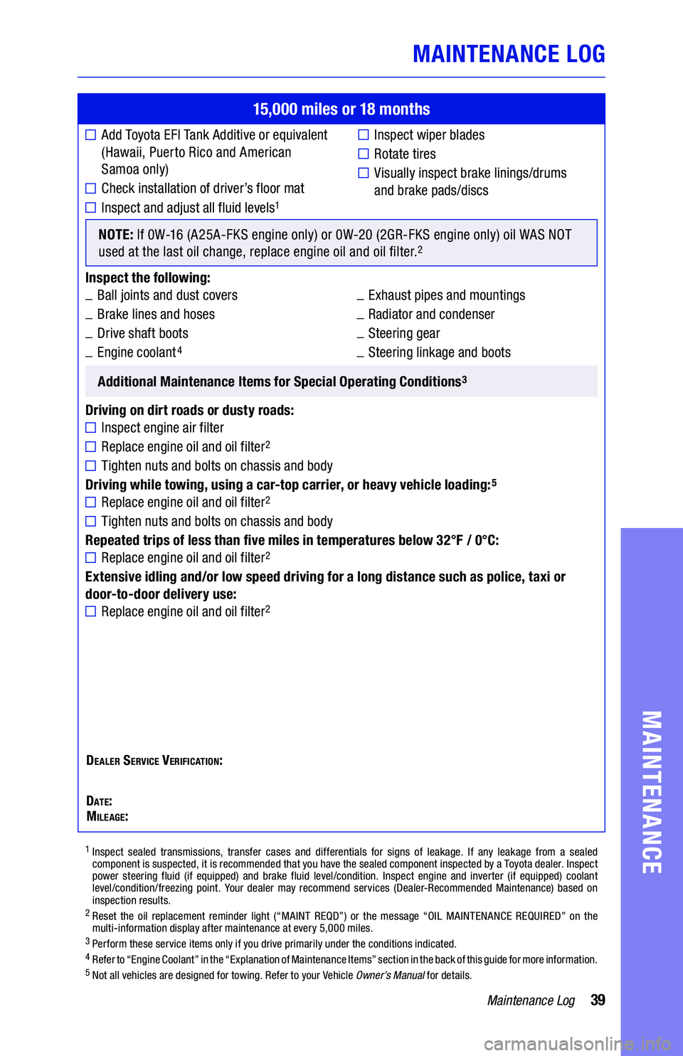 TOYOTA CAMRY 2019  Warranties & Maintenance Guides (in English) 39Maintenance Log
MAINTENANCE LOG
MAINTENANCE
15,000 miles or 18 months
 
Add Toyota EFI Tank Additive or equivalent              
(Hawaii, Puerto Rico and American  
Samoa only)
Check installation of