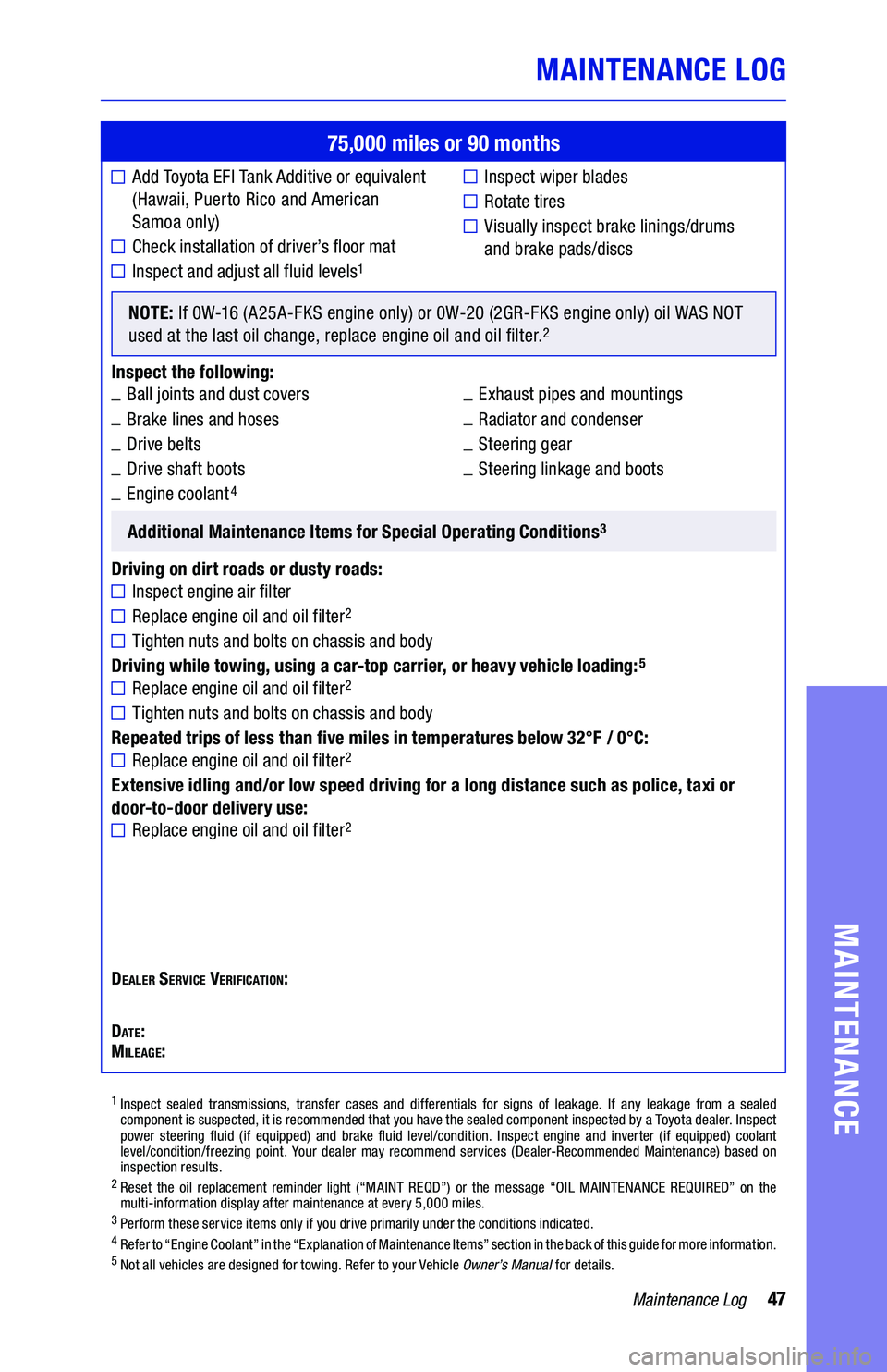 TOYOTA CAMRY 2019 Warranties & Maintenance Guides (in English) 47Maintenance Log
MAINTENANCE LOG
MAINTENANCE
75,000 miles or 90 months
Add Toyota EFI Tank Additive or equivalent
(Hawaii, Puerto Rico and American
Samoa only)
Check installation of driver’s TOYOTA CAMRY 2019 Warranties & Maintenance Guides (in English) 47Maintenance Log
MAINTENANCE LOG
MAINTENANCE
75,000 miles or 90 months
Add Toyota EFI Tank Additive or equivalent
(Hawaii, Puerto Rico and American
Samoa only)
Check installation of driver’s