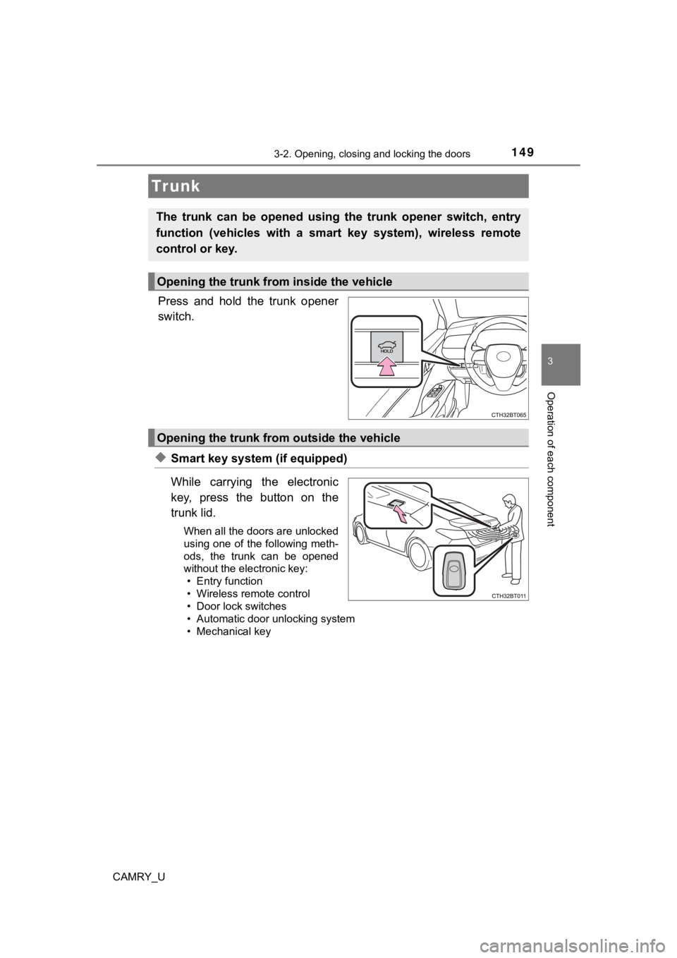 TOYOTA CAMRY 2020  Owners Manual (in English) 1493-2. Opening, closing and locking the doors
3
Operation of each component
CAMRY_U
Press  and  hold  the  trunk  opener
switch.
◆Smart key system (if equipped)
While  carrying  the  electronic
key
