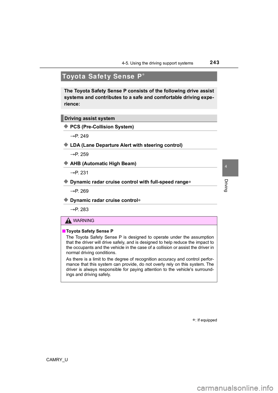 TOYOTA CAMRY 2020 Owners Manual (in English) 243
4
Driving
CAMRY_U
4-5. Using the driving support systems
◆PCS (Pre-Collision System)
P. 2 4 9
◆LDA (Lane Departure Aler t with steering control)
P. 2 5 9
◆AHB (Automatic High Beam TOYOTA CAMRY 2020 Owners Manual (in English) 243
4
Driving
CAMRY_U
4-5. Using the driving support systems
◆PCS (Pre-Collision System)
P. 2 4 9
◆LDA (Lane Departure Aler t with steering control)
P. 2 5 9
◆AHB (Automatic High Beam
