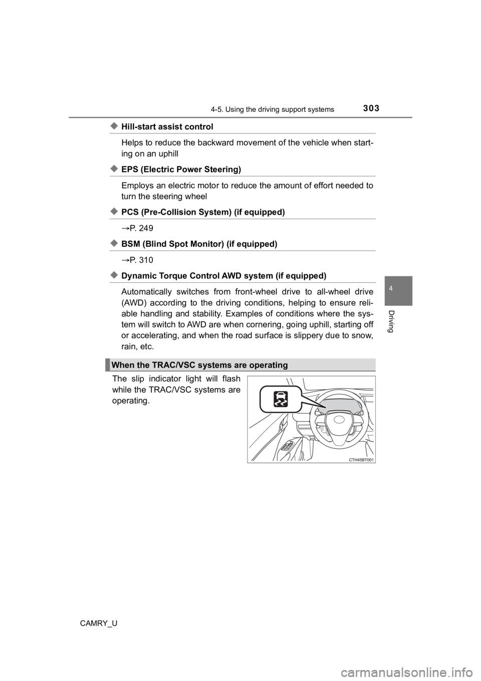 TOYOTA CAMRY 2020 Owners Manual (in English) 3034-5. Using the driving support systems
4
Driving
CAMRY_U
◆Hill-start assist control
Helps to reduce the backward movement of the vehicle when start-
ing on an uphill
◆EPS (Electric Power Steeri TOYOTA CAMRY 2020 Owners Manual (in English) 3034-5. Using the driving support systems
4
Driving
CAMRY_U
◆Hill-start assist control
Helps to reduce the backward movement of the vehicle when start-
ing on an uphill
◆EPS (Electric Power Steeri
